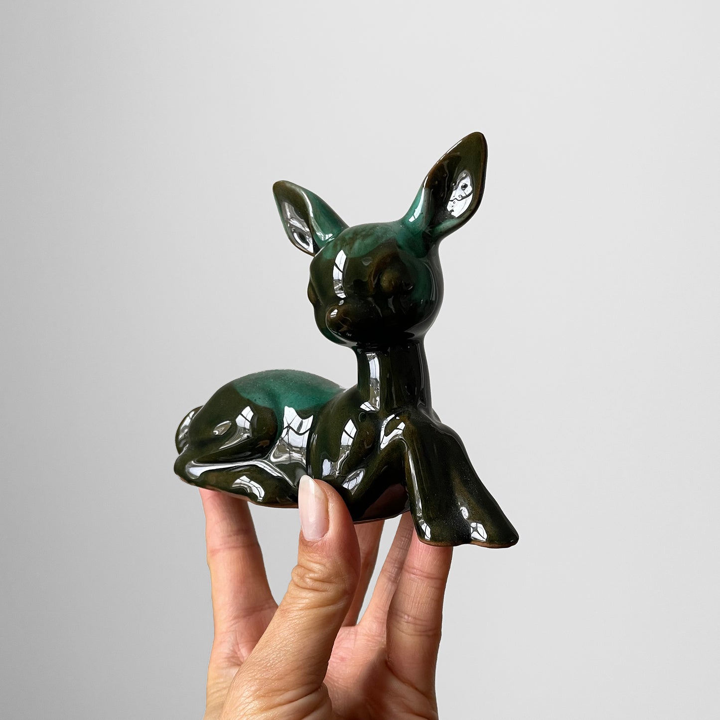 1960s MCM Mid-Century Modern Teal Glazed Ceramic Pottery Fawn Figurine