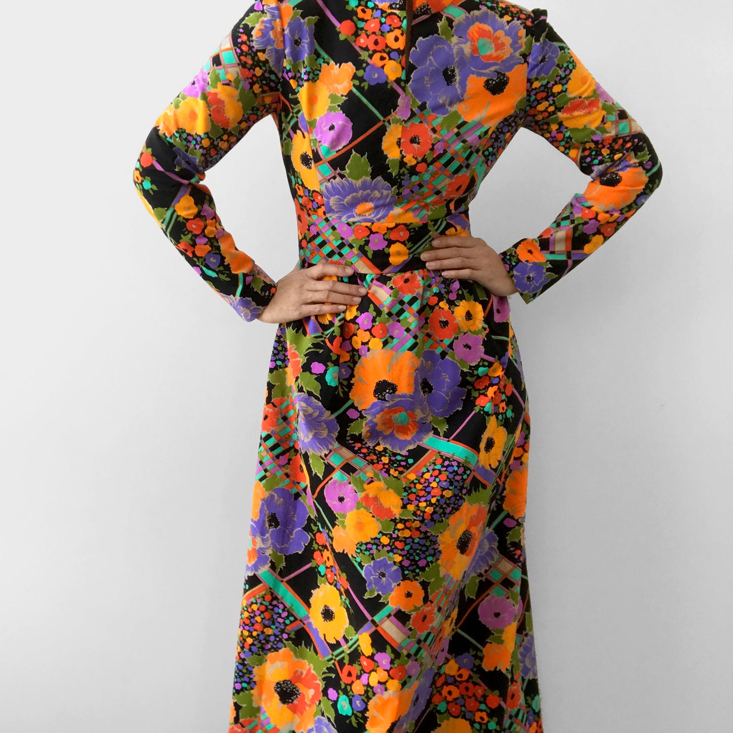 1960s - 1970s Floral Patterned Bohemian Floor-Length Long-Sleeve High-Collar Neck