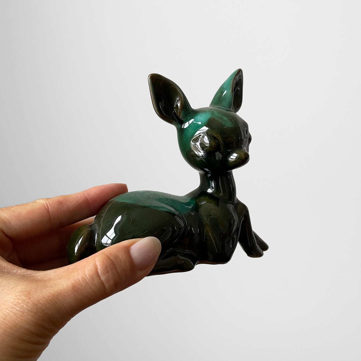 1960s MCM Mid-Century Modern Teal Glazed Ceramic Pottery Fawn Figurine