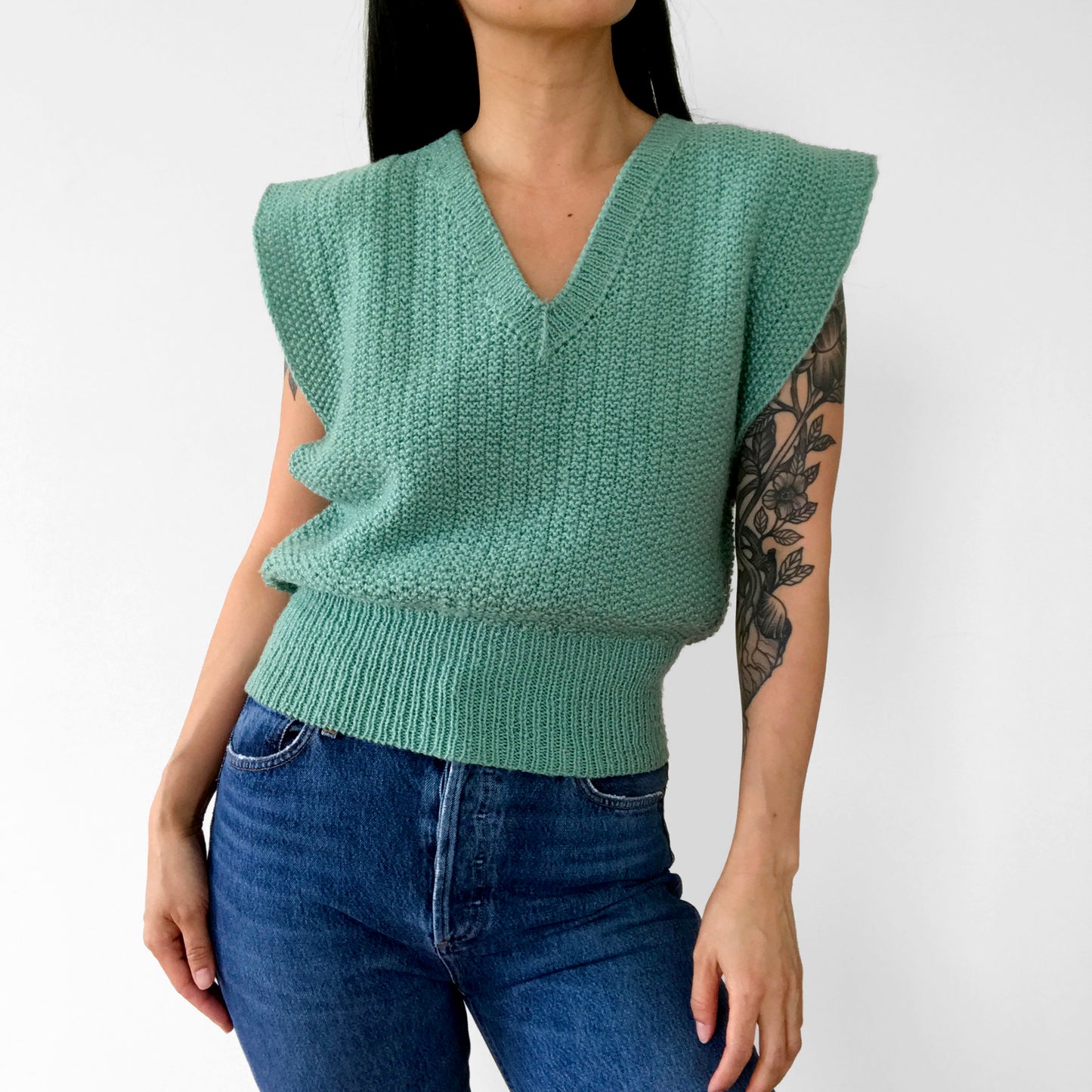 Handmade Spearmint Green V-neck Knit Pullover Vest