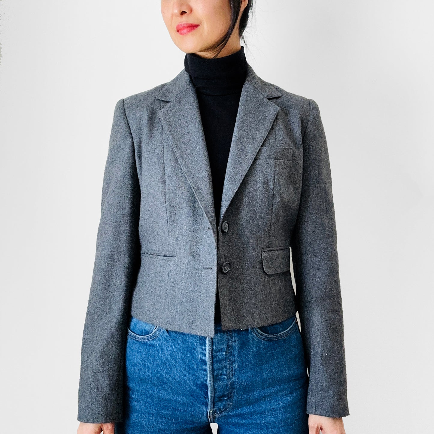 1970s Grey Wool Lined Crop Pleated Back Fitted Blazer Jacket - XXS / XS