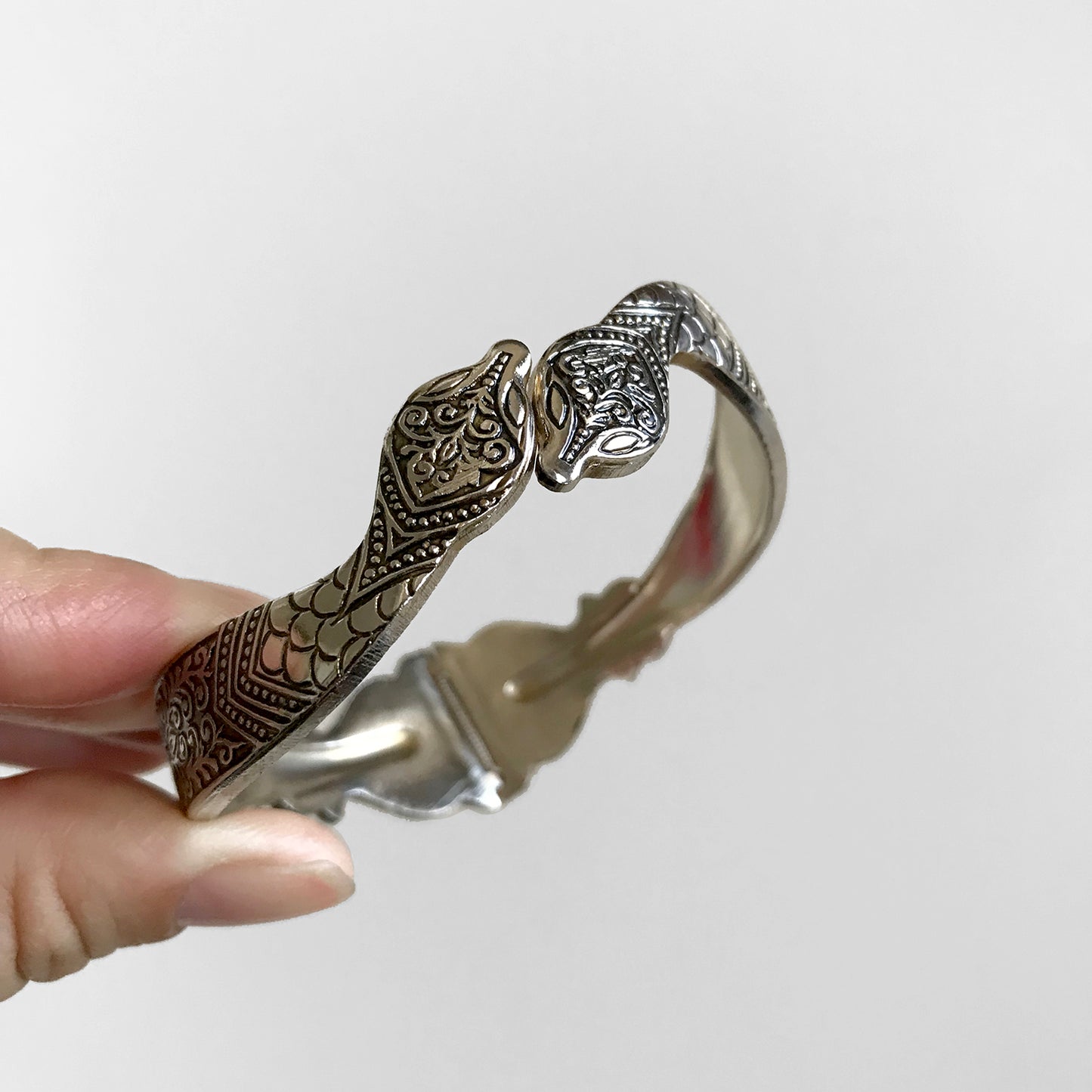 1940s-1950s Silver Artist-Signed Stieff Double-Headed Snake Hinged Cuff Bracelet