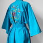 1970s Bird Floral Embroidered Turquoise Belted Robe