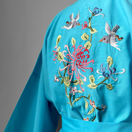 1970s Bird Floral Embroidered Turquoise Belted Robe