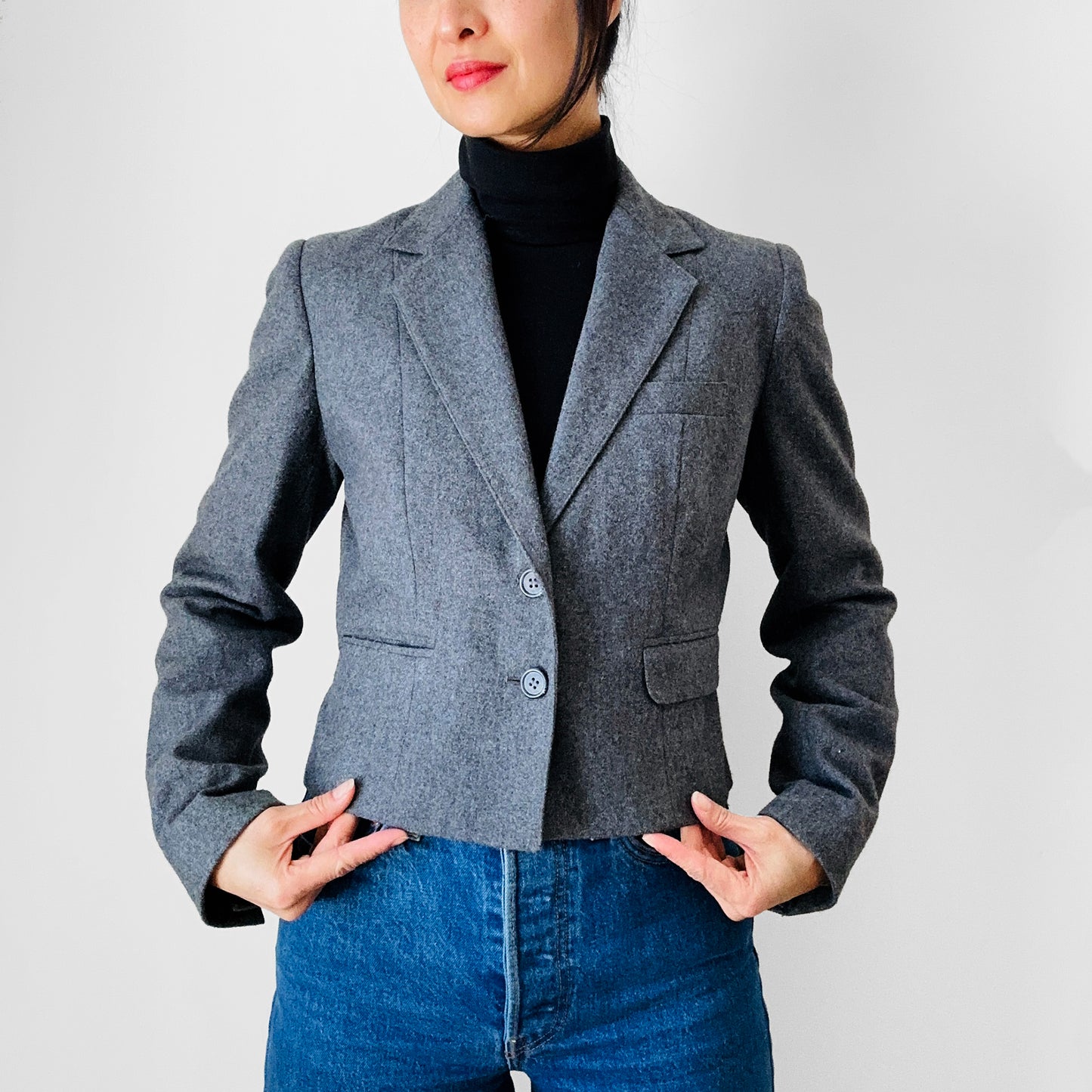 1970s Grey Wool Lined Crop Pleated Back Fitted Blazer Jacket - XXS / XS