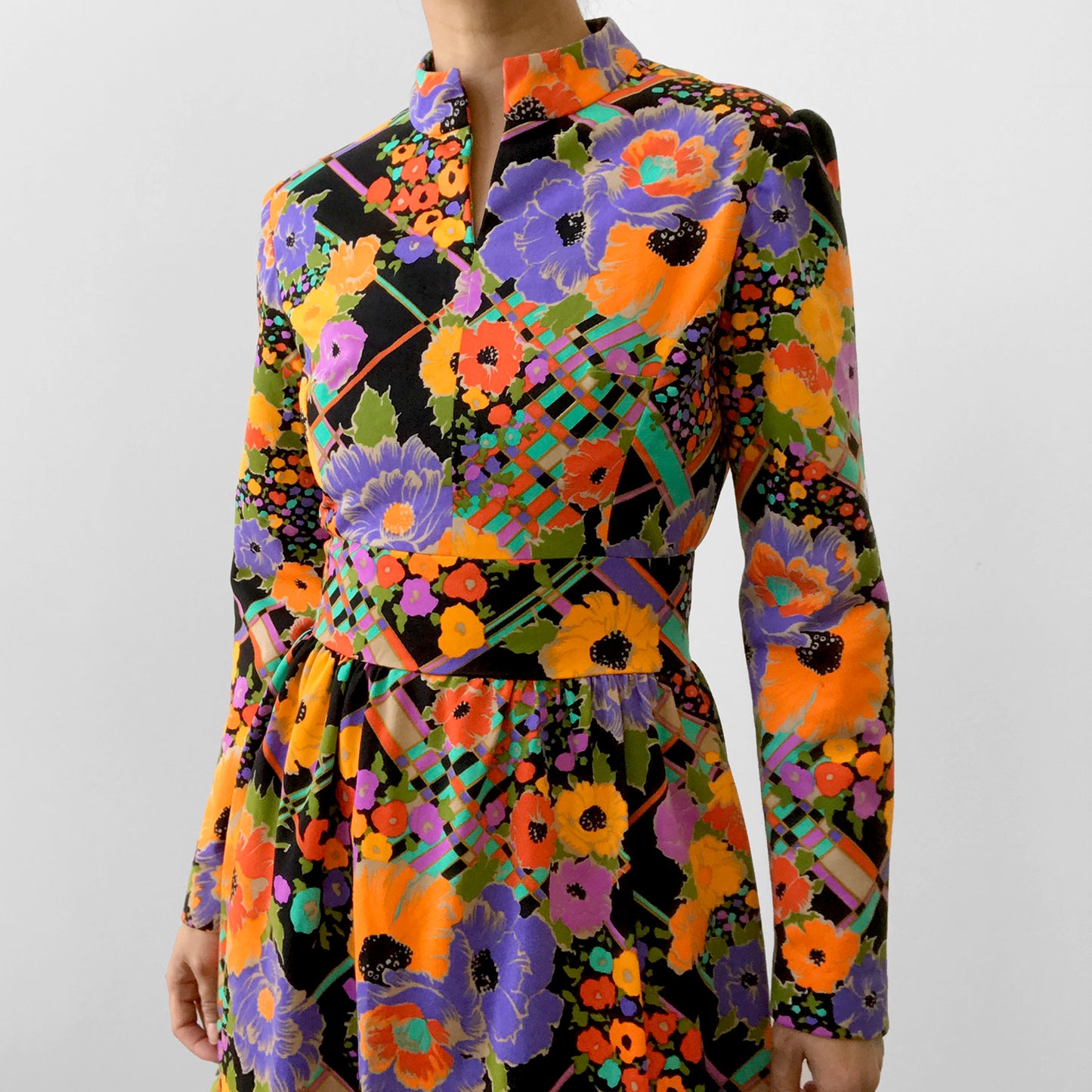 1960s - 1970s Floral Patterned Bohemian Floor-Length Long-Sleeve High-Collar Neck