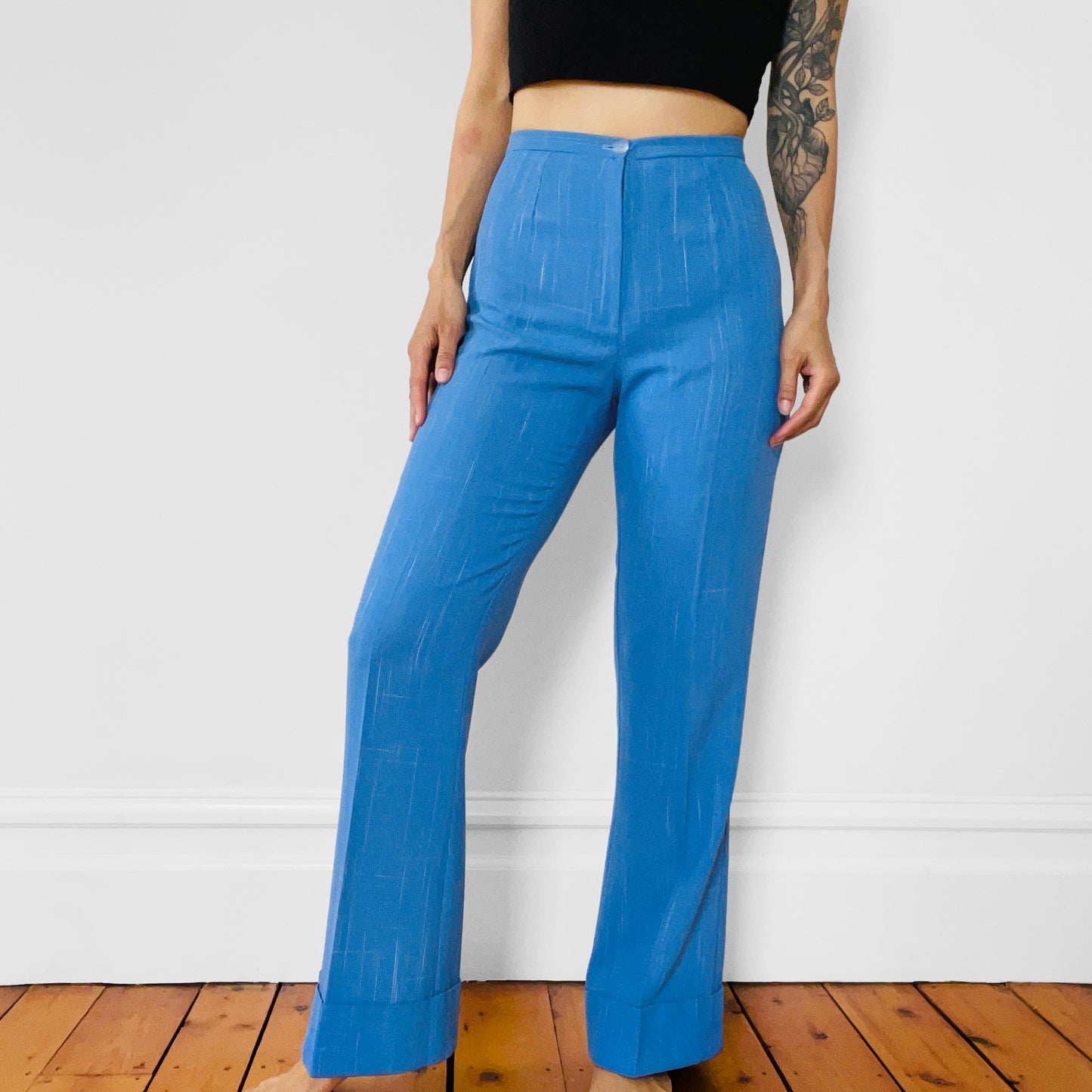 1970s Sky-Blue Speckled High-Waisted Slim-Fit Bell-Bottom Trousers Pants