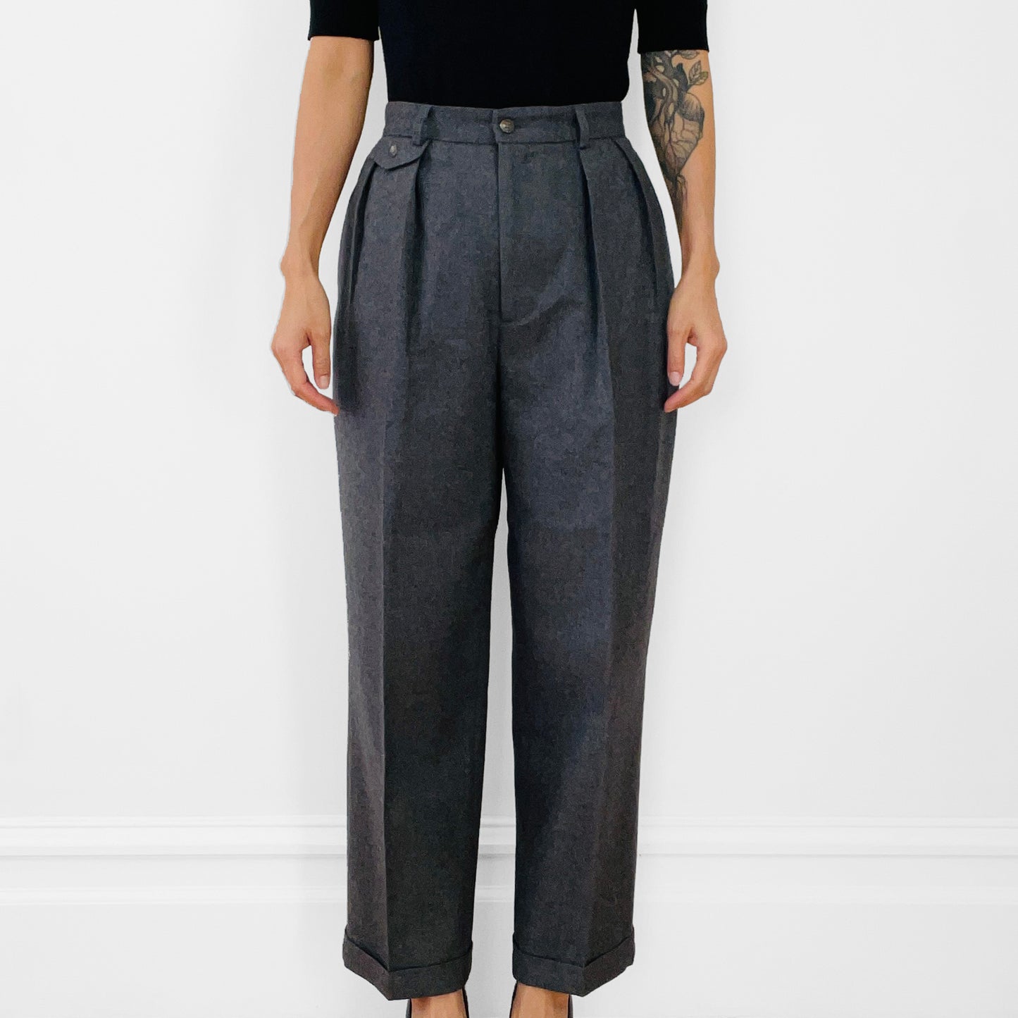 1980s Ralph Lauren High-Waisted Grey Wool Pleated Pants