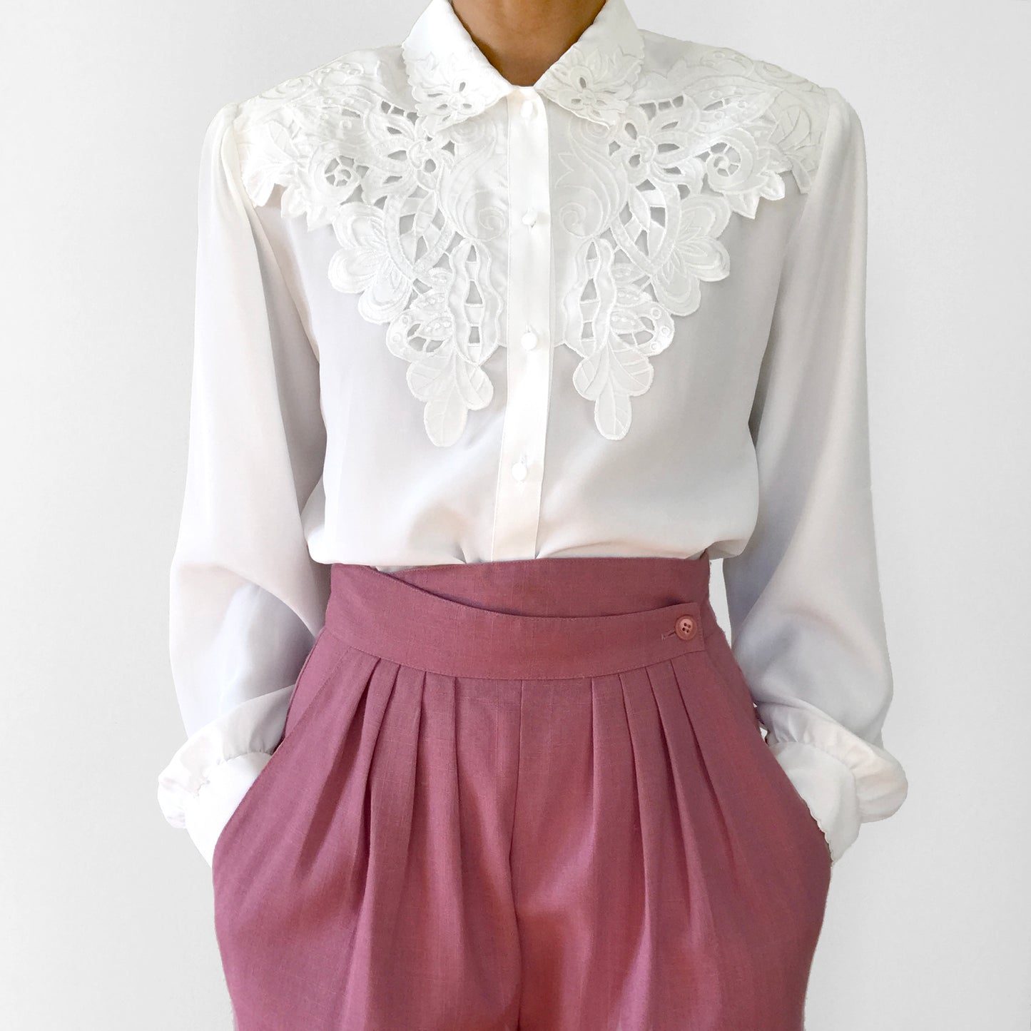 1980s White Embroidered Eyelet Button-Front Long-Sleeve Blouse