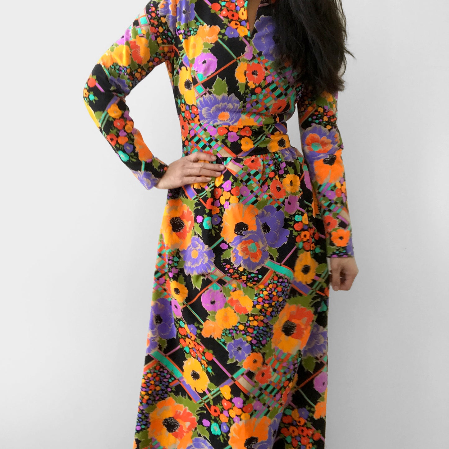 1960s - 1970s Floral Patterned Bohemian Floor-Length Long-Sleeve High-Collar Neck