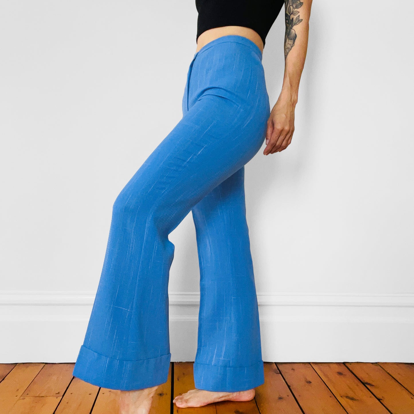 1970s Sky-Blue Speckled High-Waisted Slim-Fit Bell-Bottom Trousers Pants