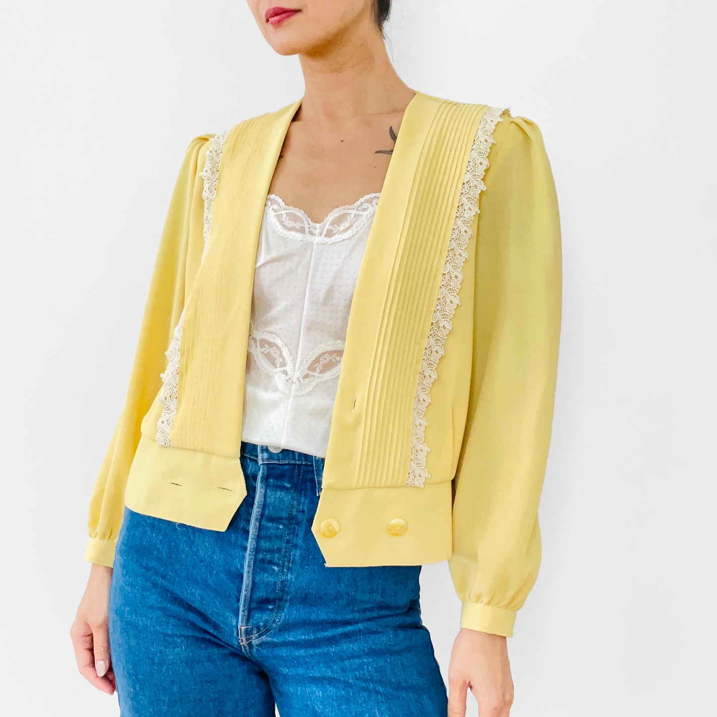 1980s Yellow and White Lace Trimmed Double-Breasted Blousy Peplum Top