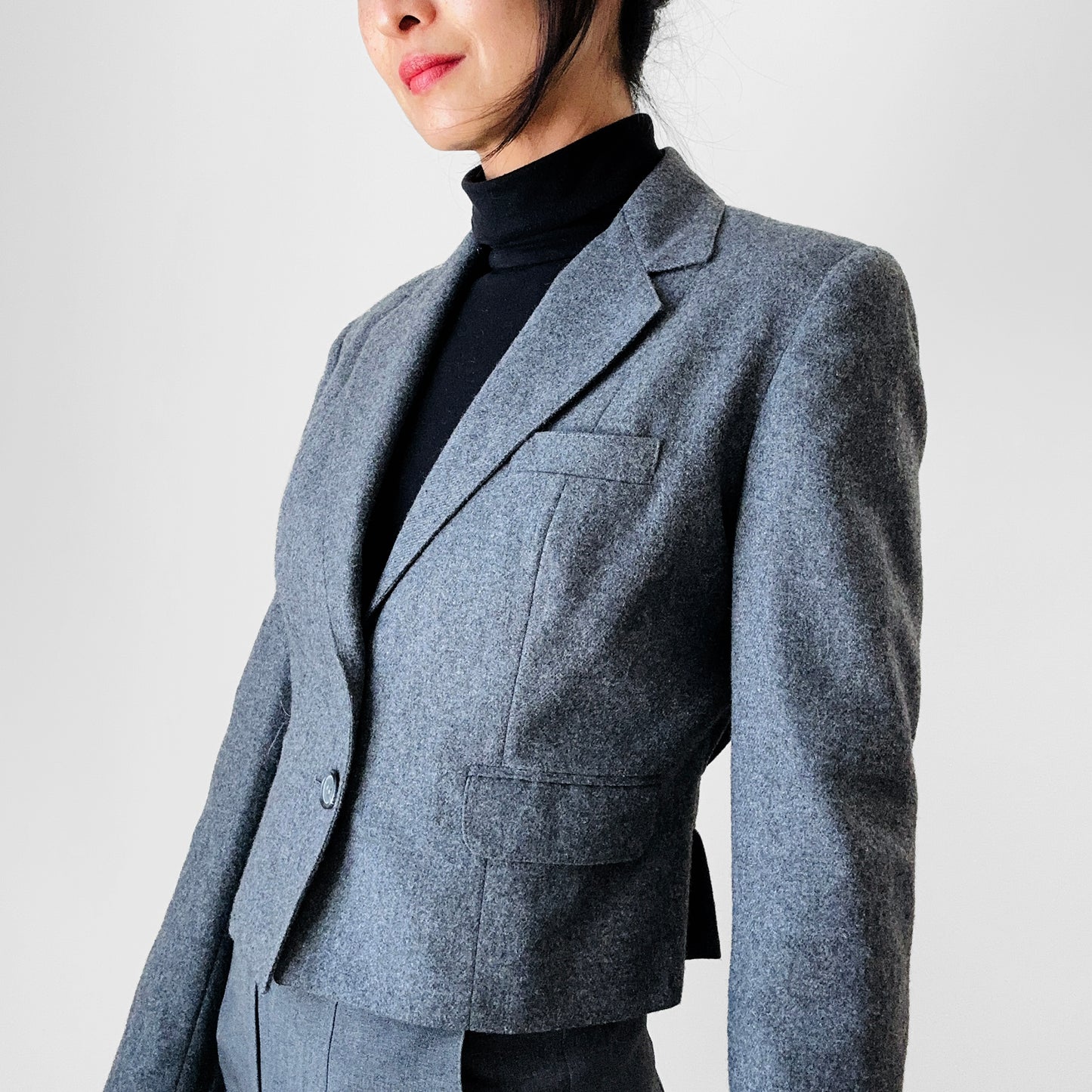 1970s Grey Wool Lined Crop Pleated Back Fitted Blazer Jacket - XXS / XS