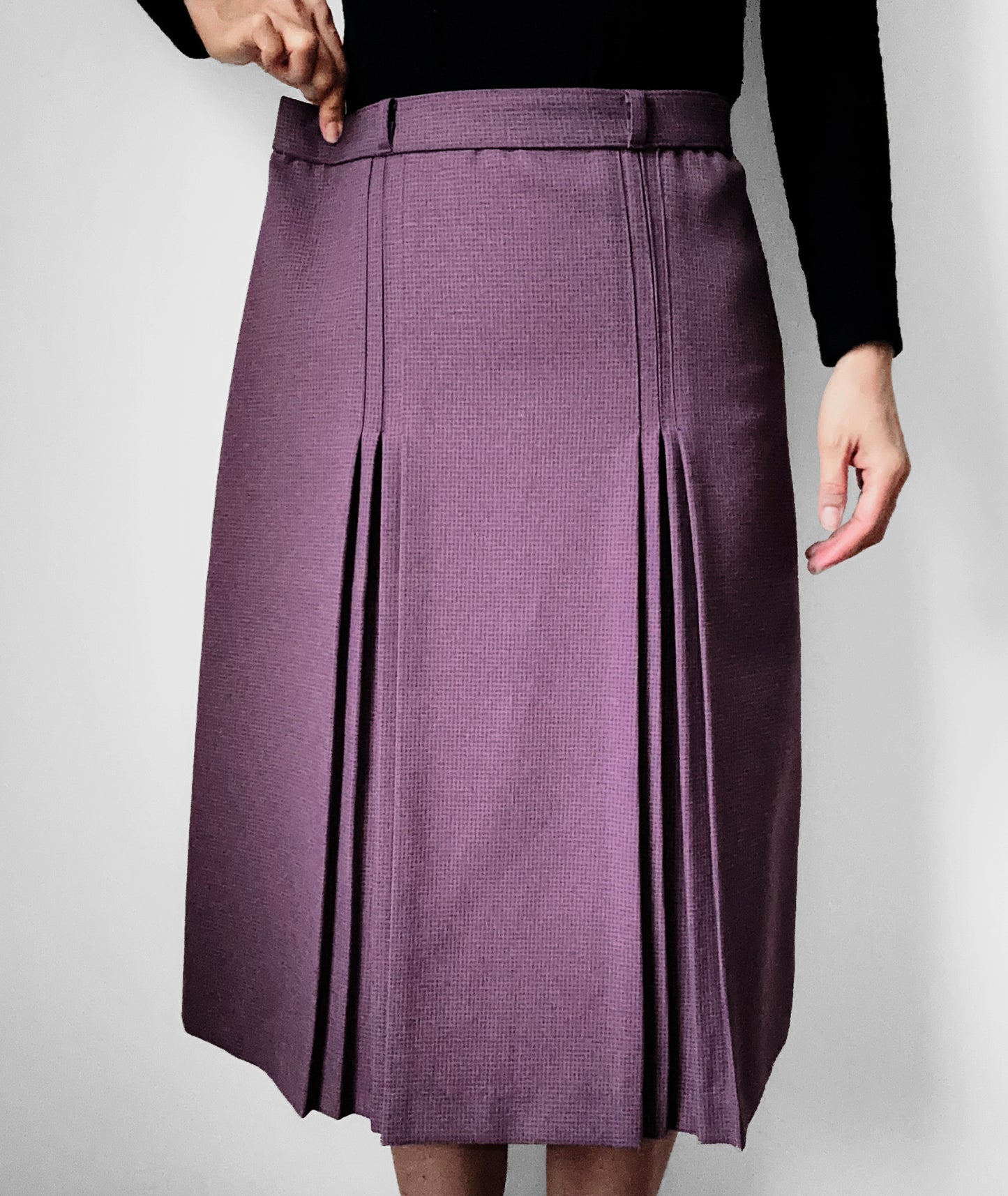 1960s Plum Purple Houndstooth Patterned A-Line Inverted Pleat Skirt - Waist 30