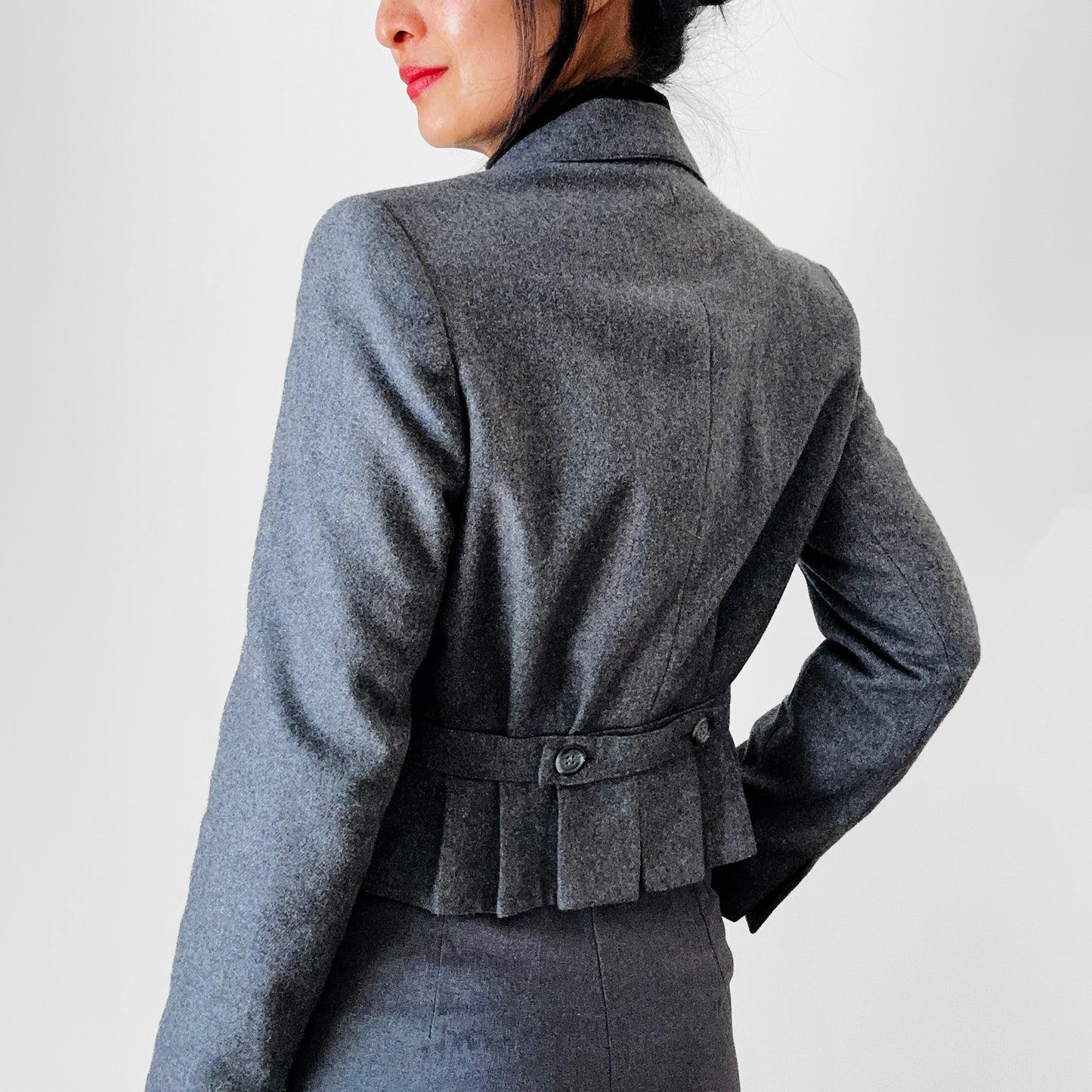 1970s Grey Wool Lined Crop Pleated Back Fitted Blazer Jacket - XXS / XS