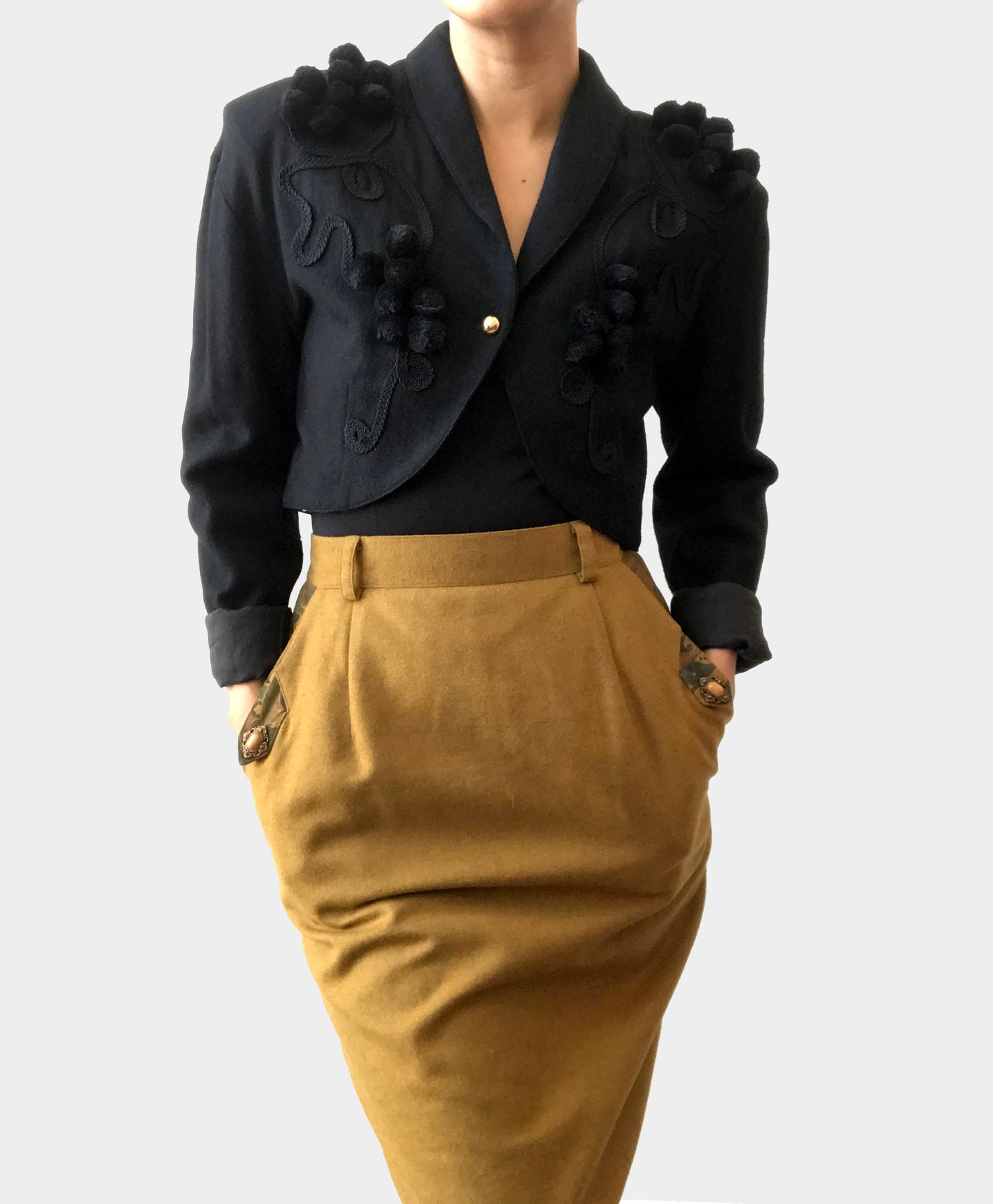 Black Wool Crop Embellished Jacket and Mustard Pencil Skirt Set