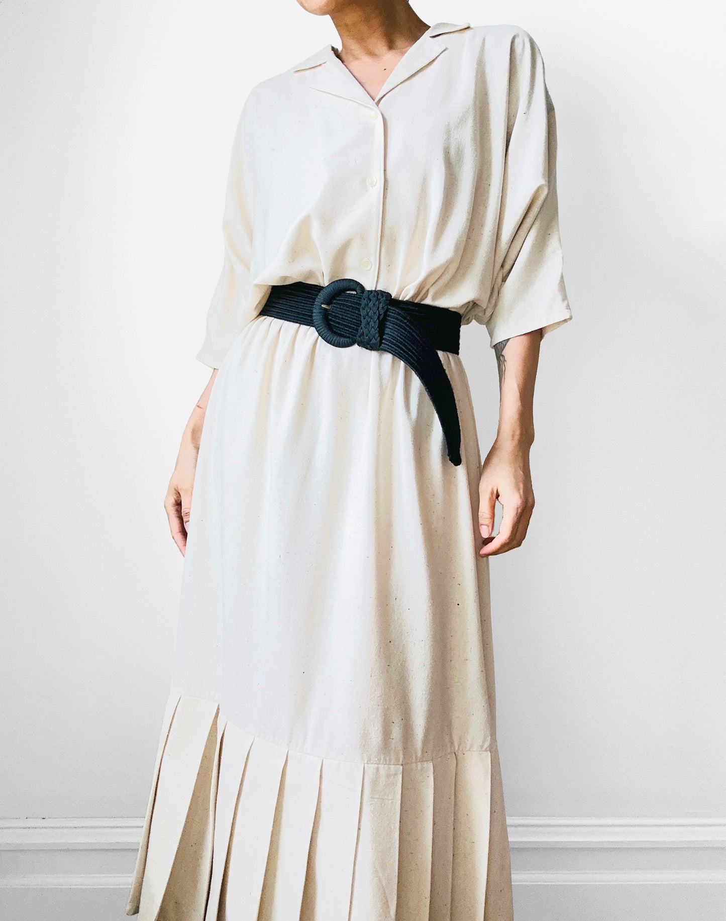 1980s Natural Handcrafted Handmade Raw Silk Pleated Hem Dress - Sz. M