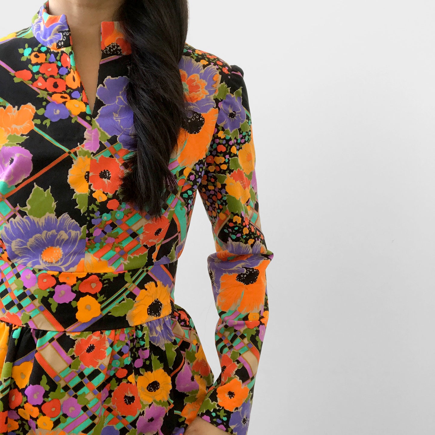 1960s - 1970s Floral Patterned Bohemian Floor-Length Long-Sleeve High-Collar Neck