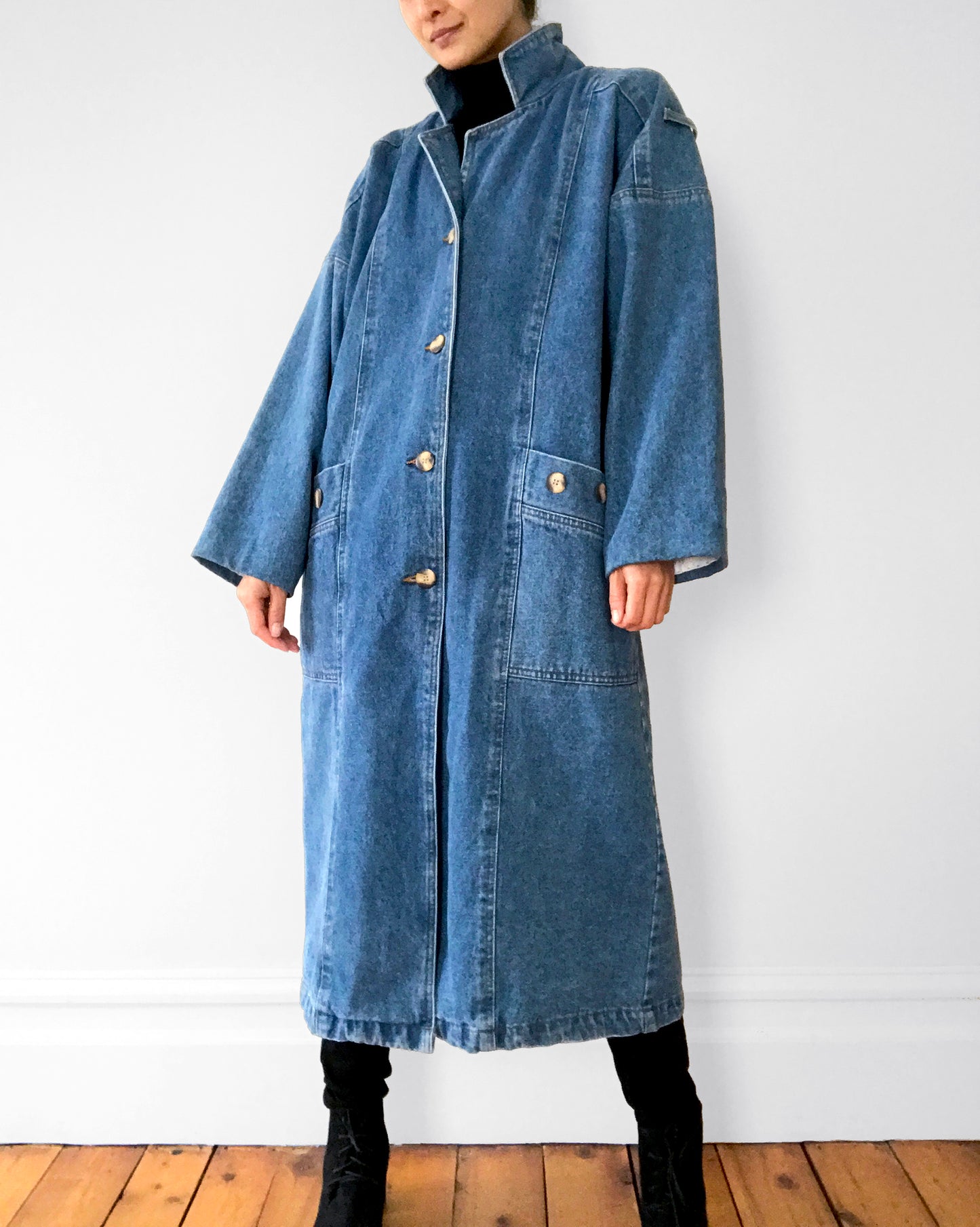 1980s Heavy Long Medium-Wash Blue Jean Denim Coat