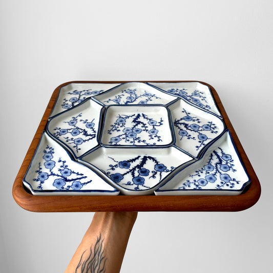 1960s MCM Mid-Century Blue and White Ceramic and Teak Cherry Blossom Hors D'oeuvres Tray