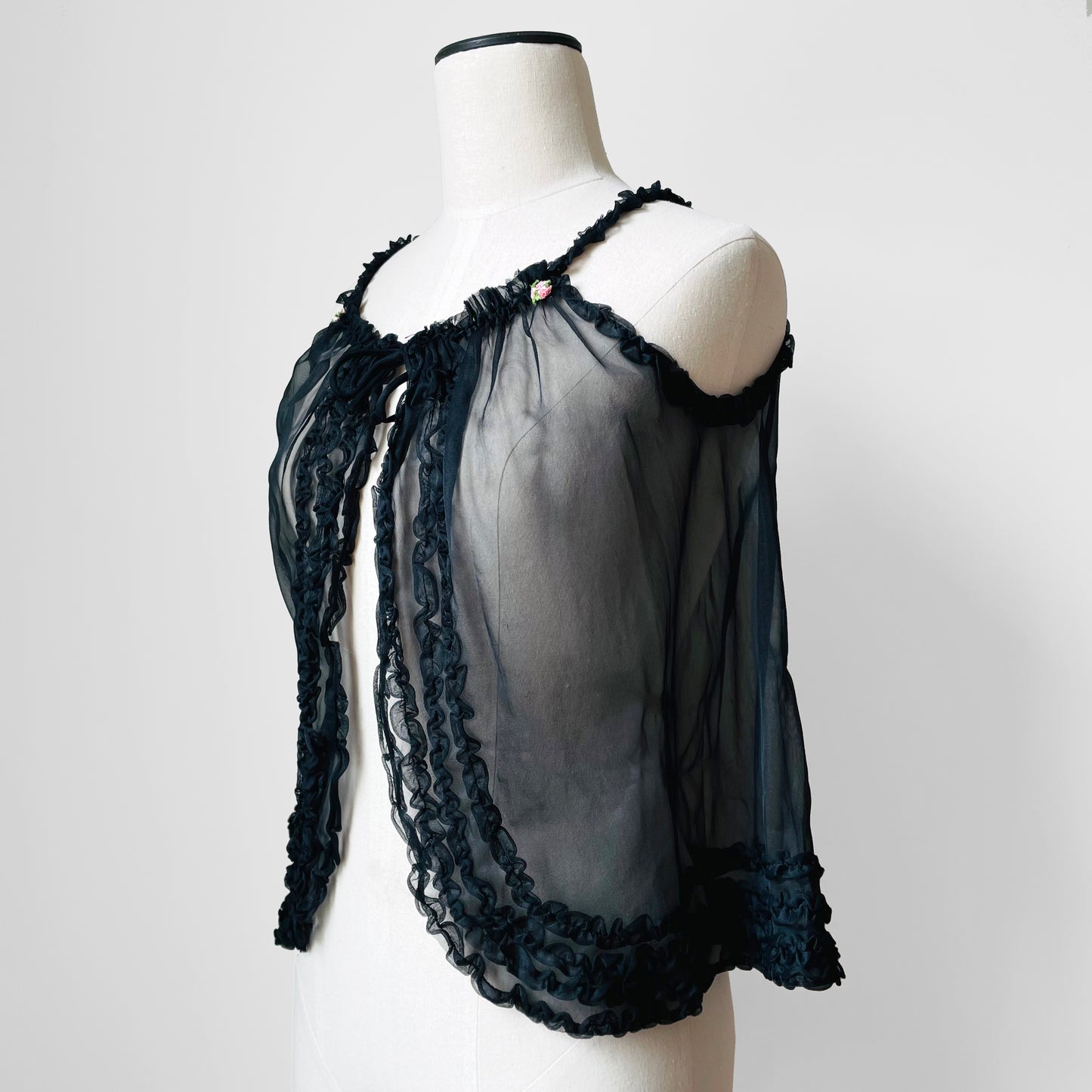 1960s Black Sheer Ruffle Chiffon Top - Sz. S