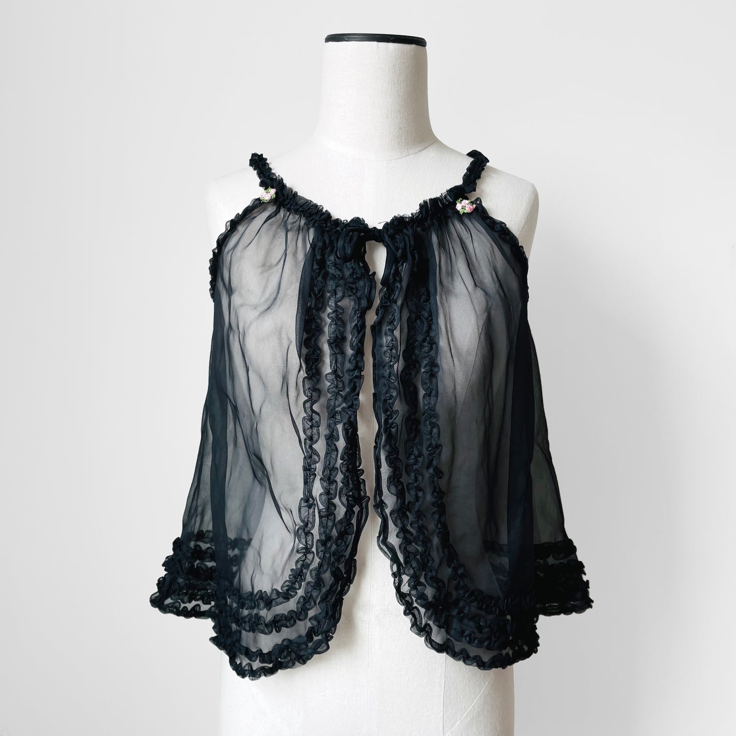 1960s Black Sheer Ruffle Chiffon Top - Sz. S