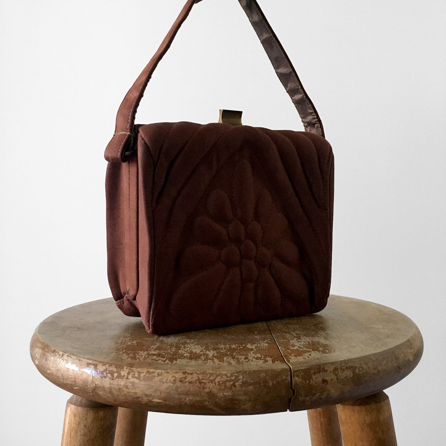 1960s Chocolate Padded Square Compact Top-Handle Handbag