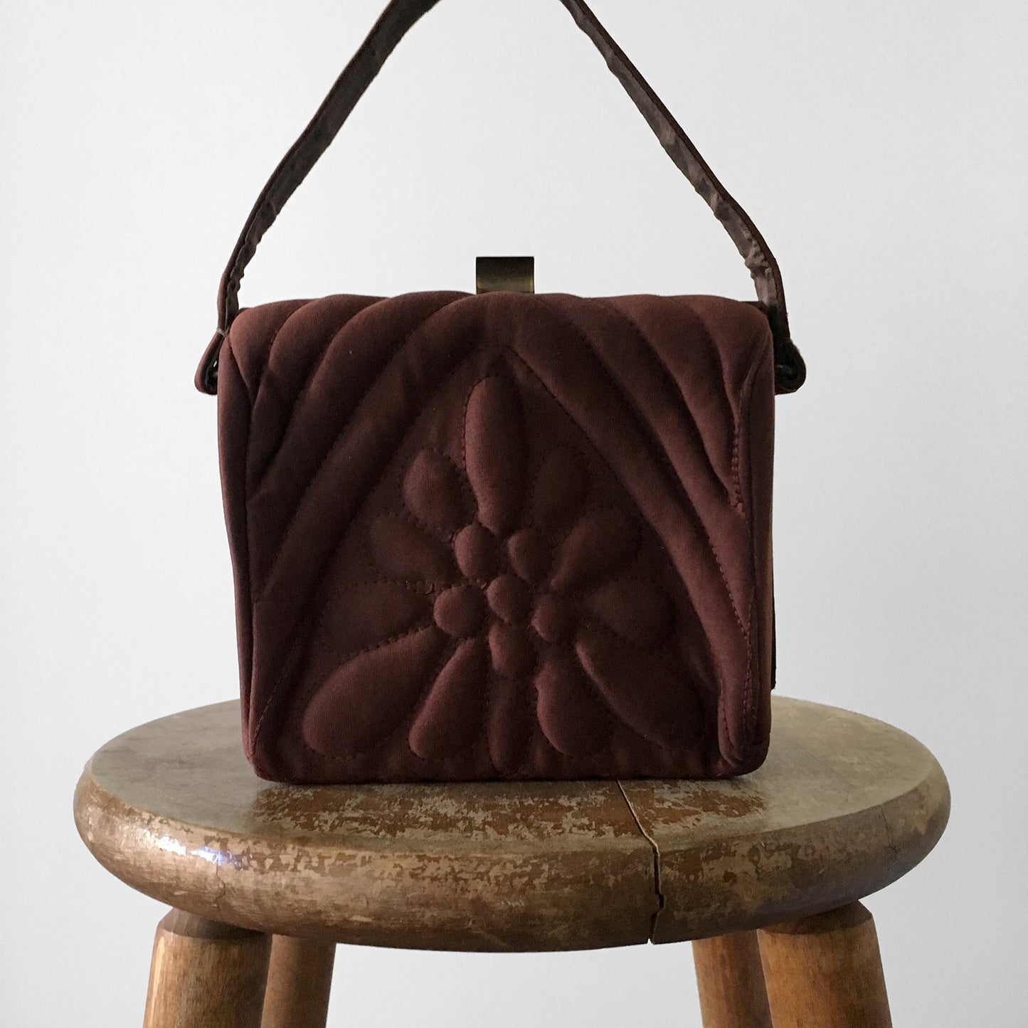 1960s Chocolate Padded Square Compact Top-Handle Handbag