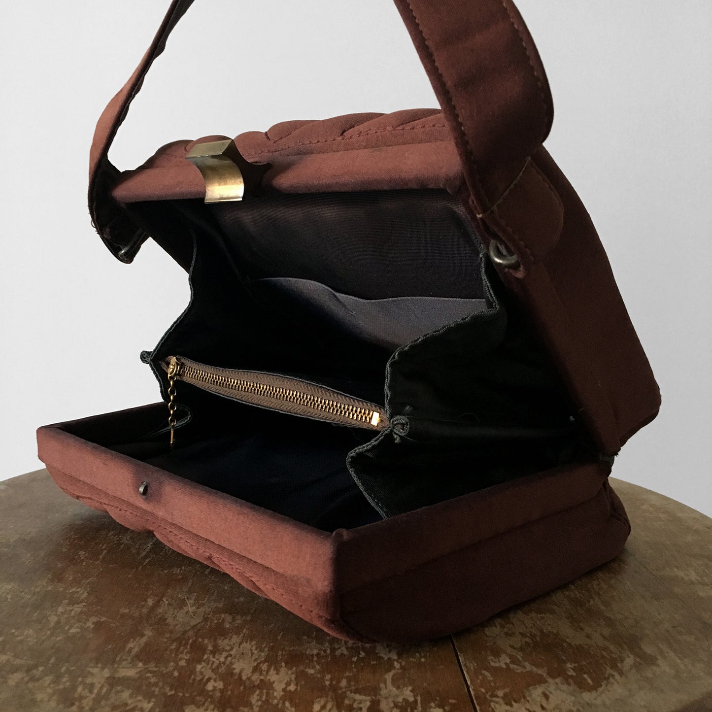 1960s Chocolate Padded Square Compact Top-Handle Handbag