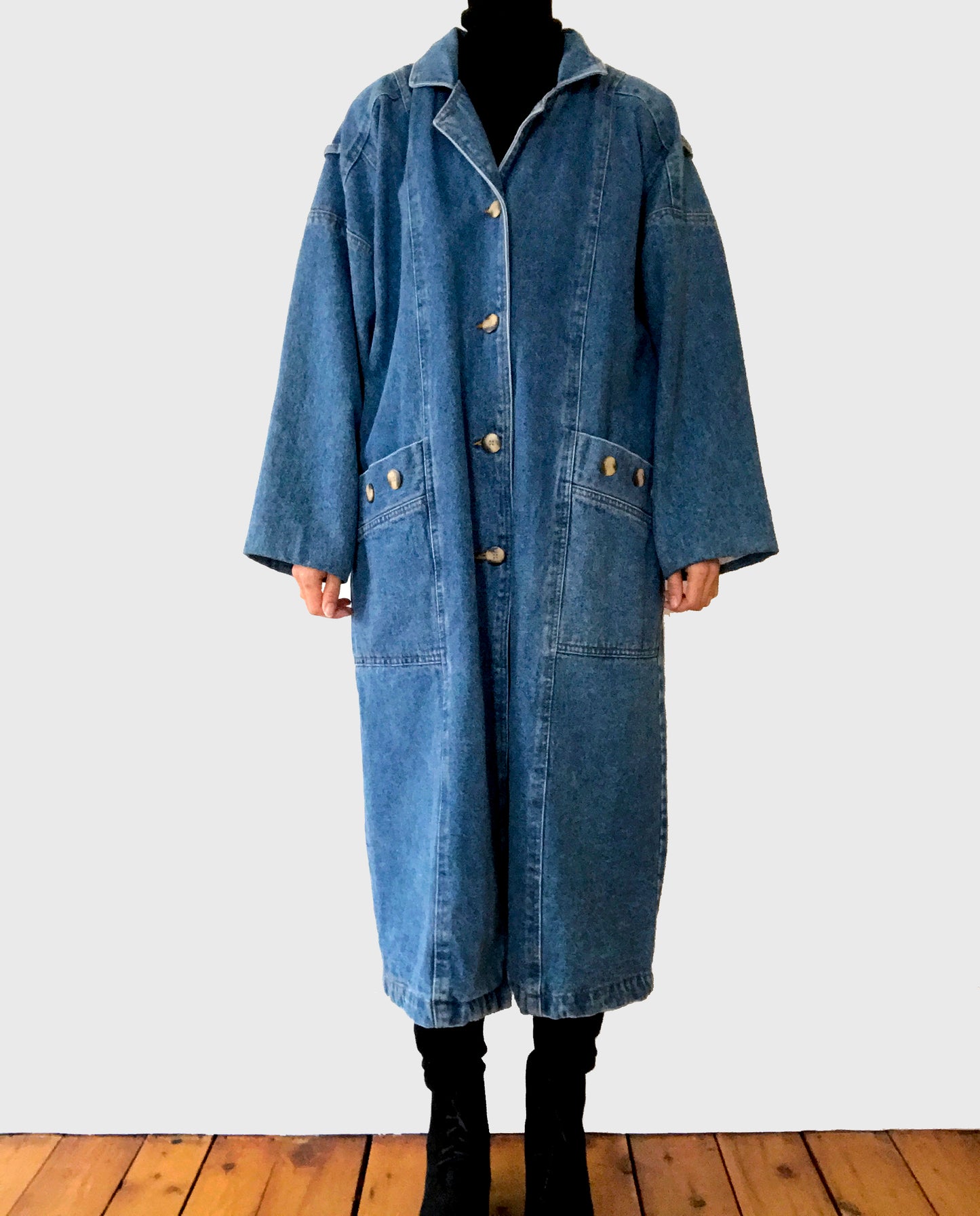 1980s Heavy Long Medium-Wash Blue Jean Denim Coat