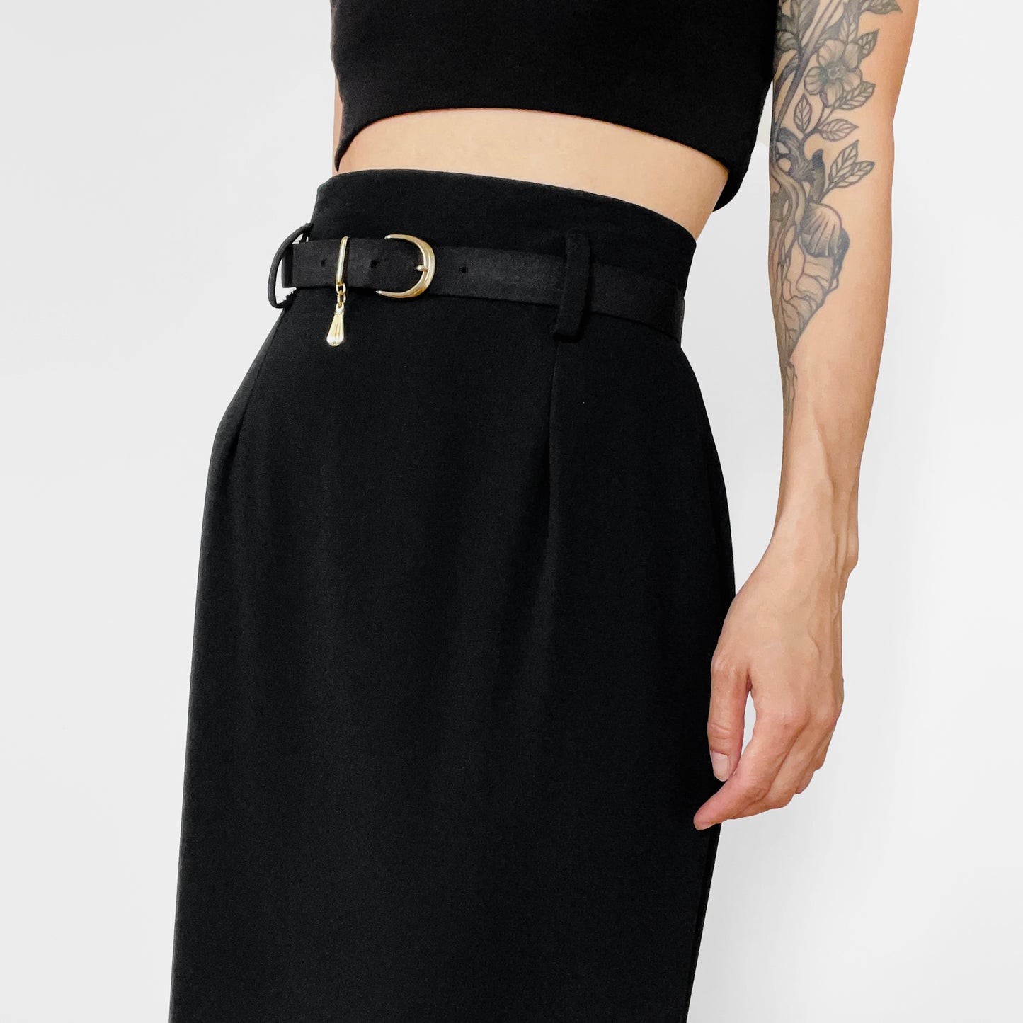 1980s -1990s Black Made in Canada Midi-Length High-Waisted Belted Slimline Skirt