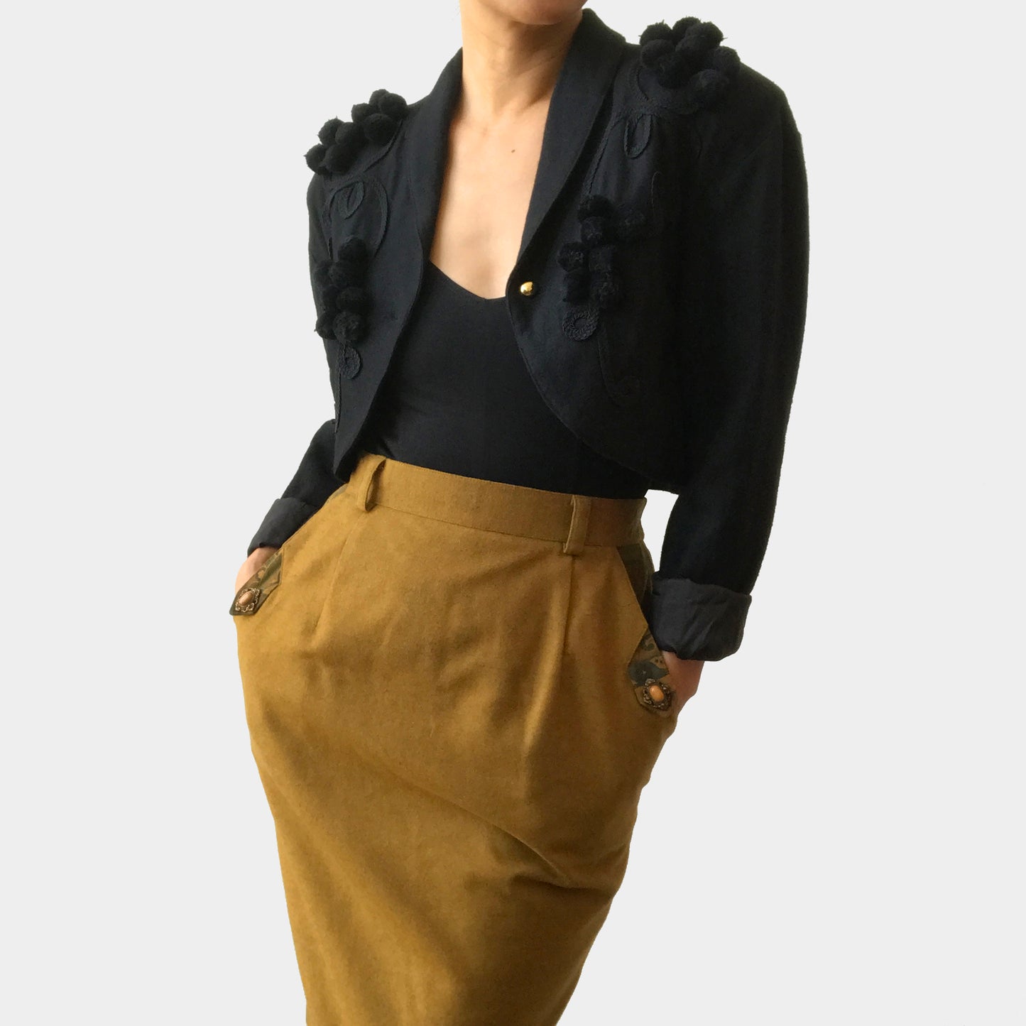 Black Wool Crop Embellished Jacket and Mustard Pencil Skirt Set