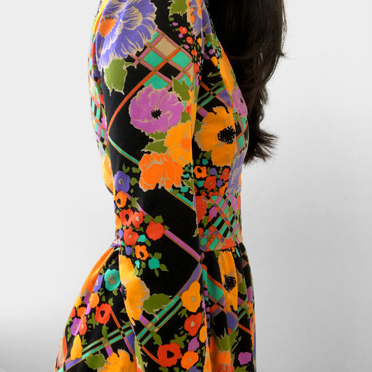 1960s - 1970s Floral Patterned Bohemian Floor-Length Long-Sleeve High-Collar Neck