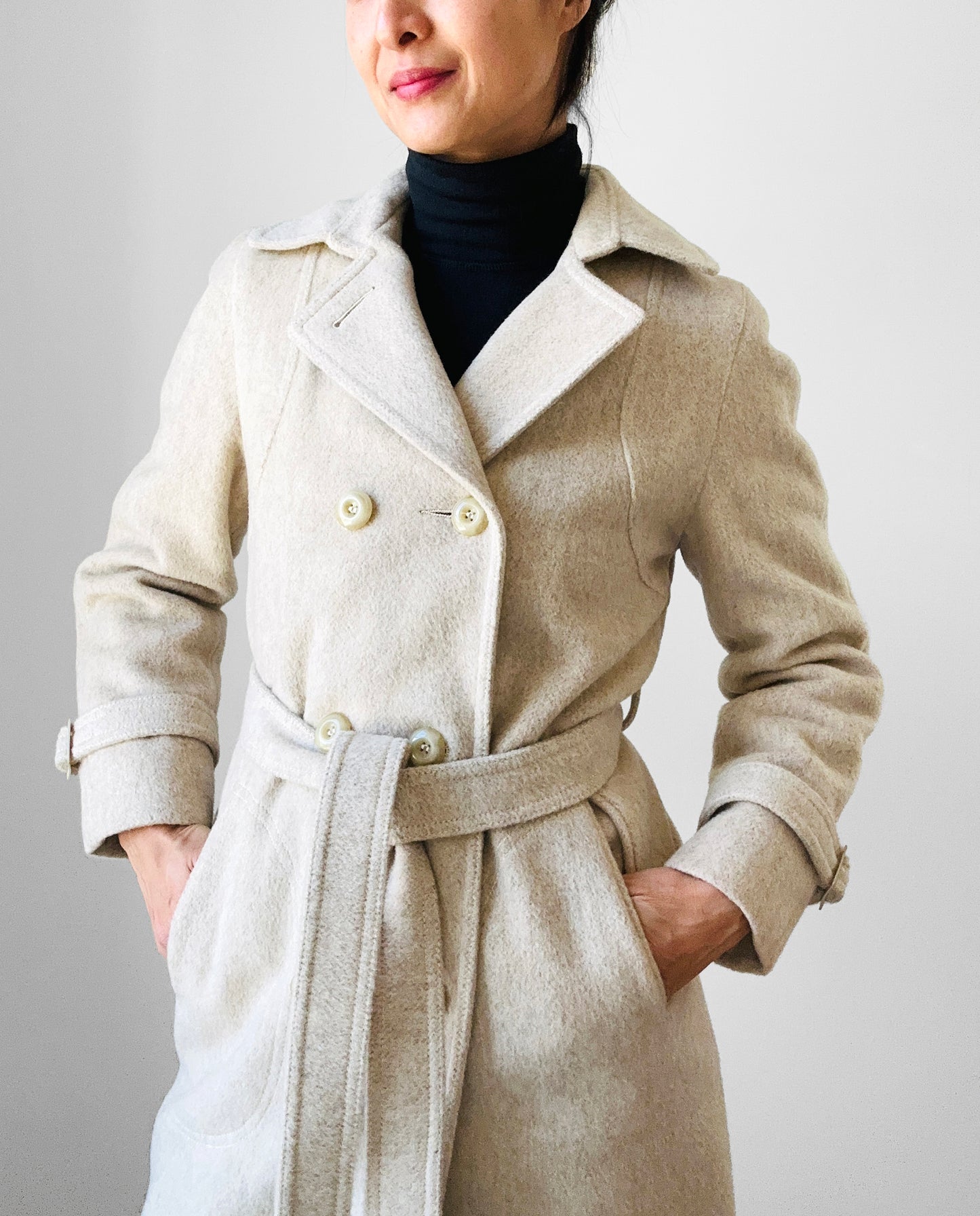 1970s Made in Canada Light Oatmeal Cream Fitted Belted Wool Coat - XS/S