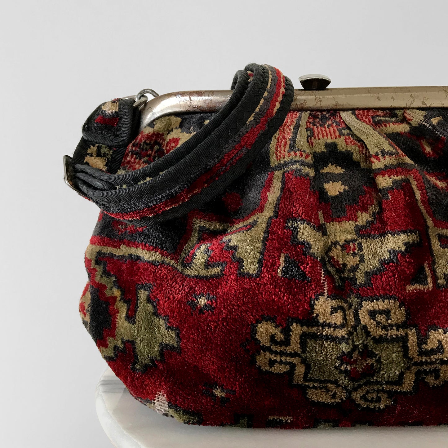 Vintage Red and Navy tapestry Carpet Bag Purse