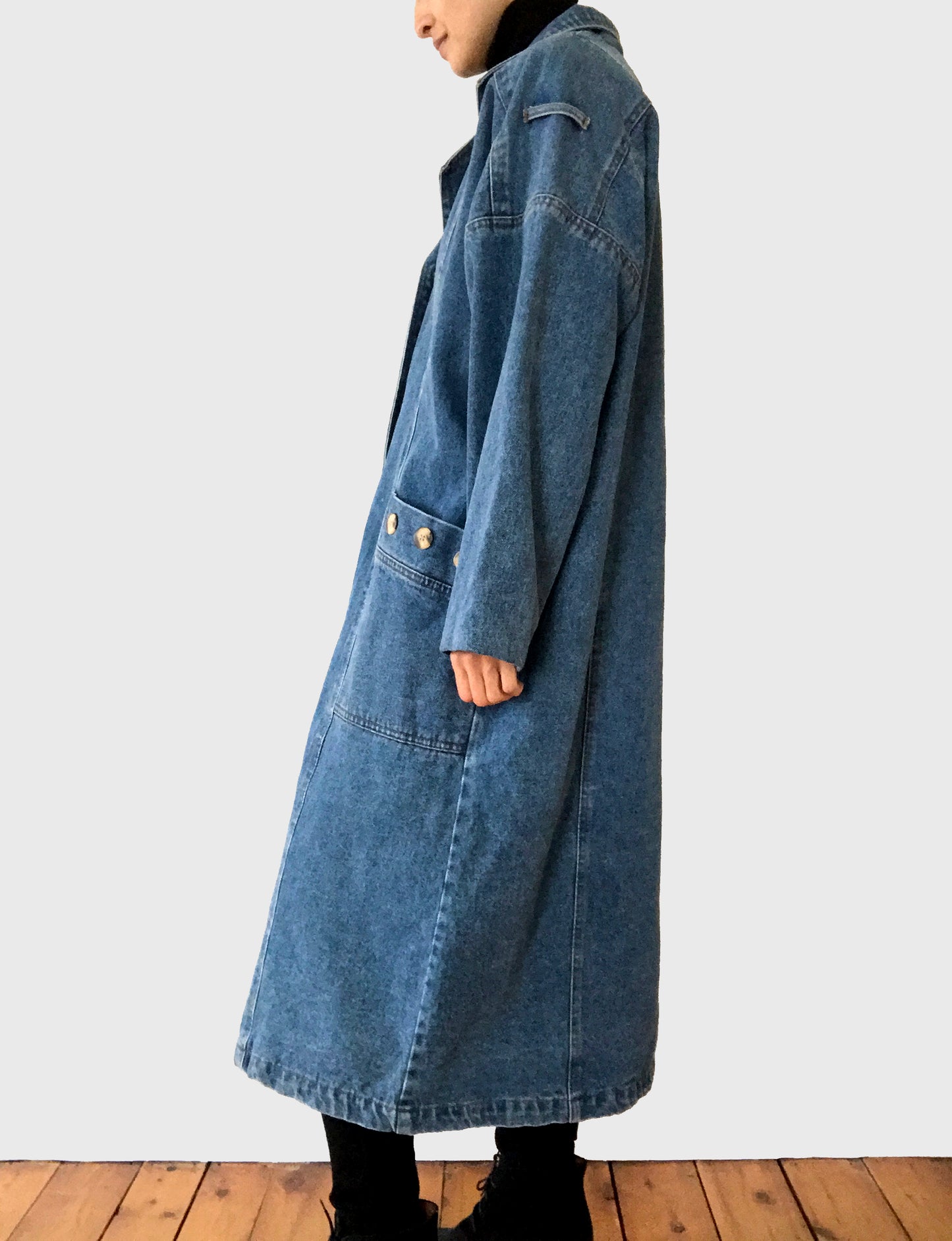 1980s Heavy Long Medium-Wash Blue Jean Denim Coat