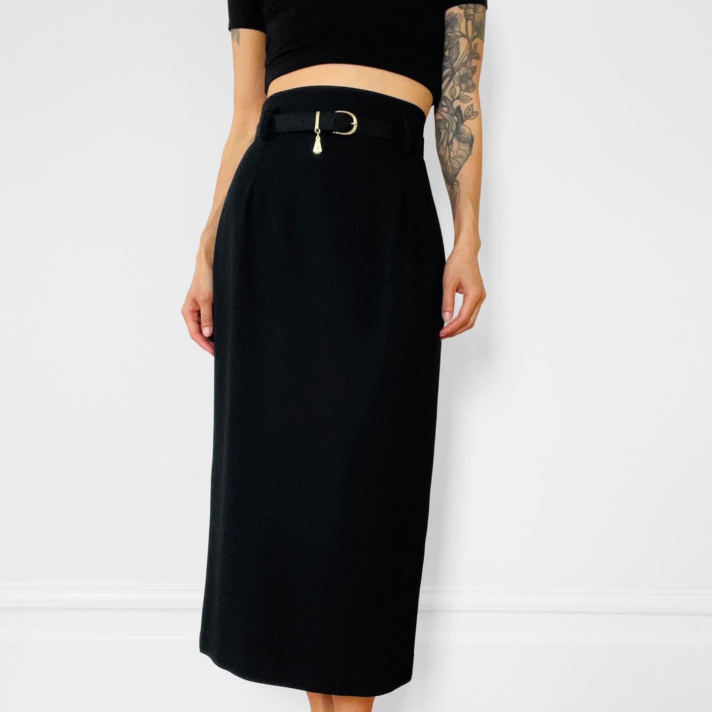 1980s -1990s Black Made in Canada Midi-Length High-Waisted Belted Slimline Skirt