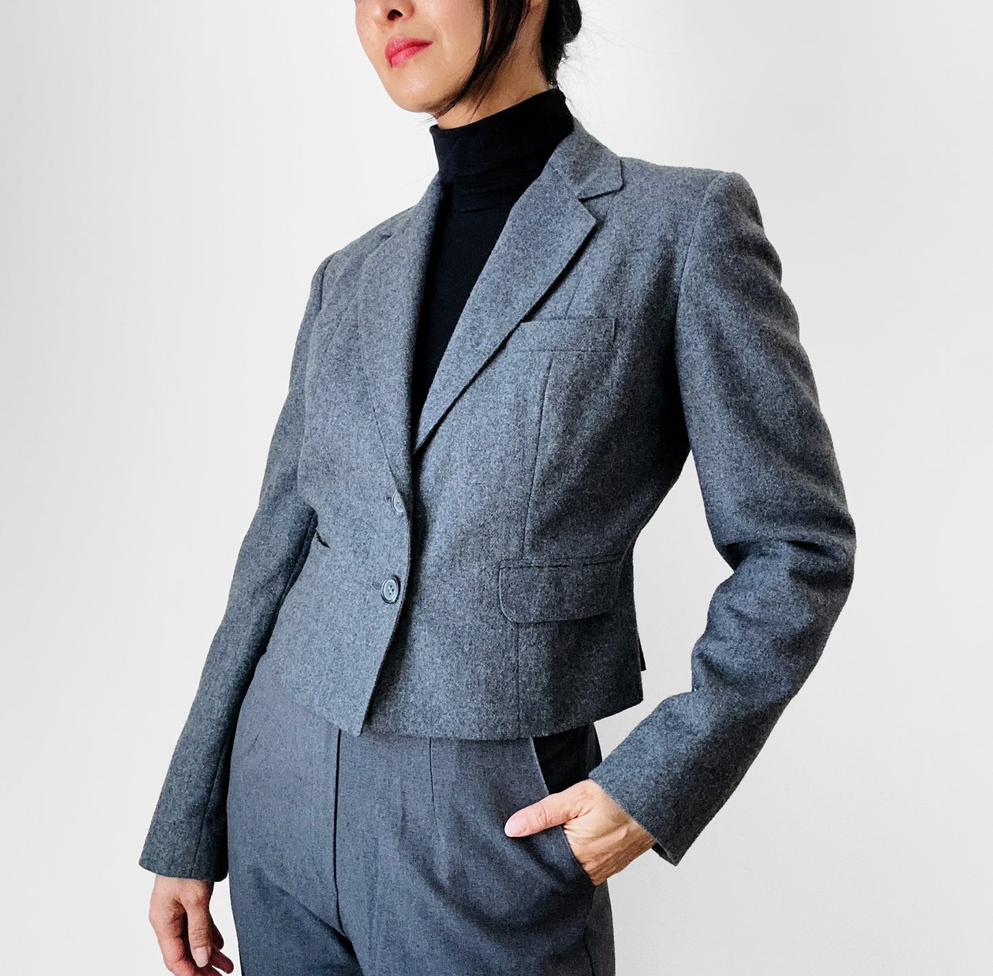 1970s Grey Wool Lined Crop Pleated Back Fitted Blazer Jacket - XXS / XS