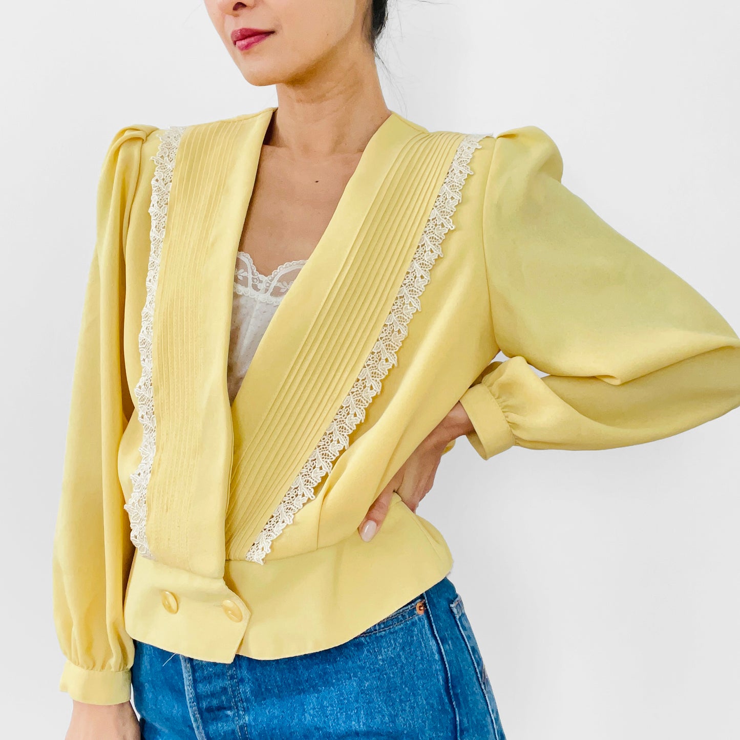 1980s Yellow and White Lace Trimmed Double-Breasted Blousy Peplum Top