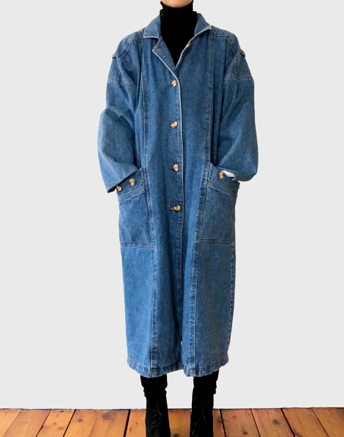 1980s Heavy Long Medium-Wash Blue Jean Denim Coat