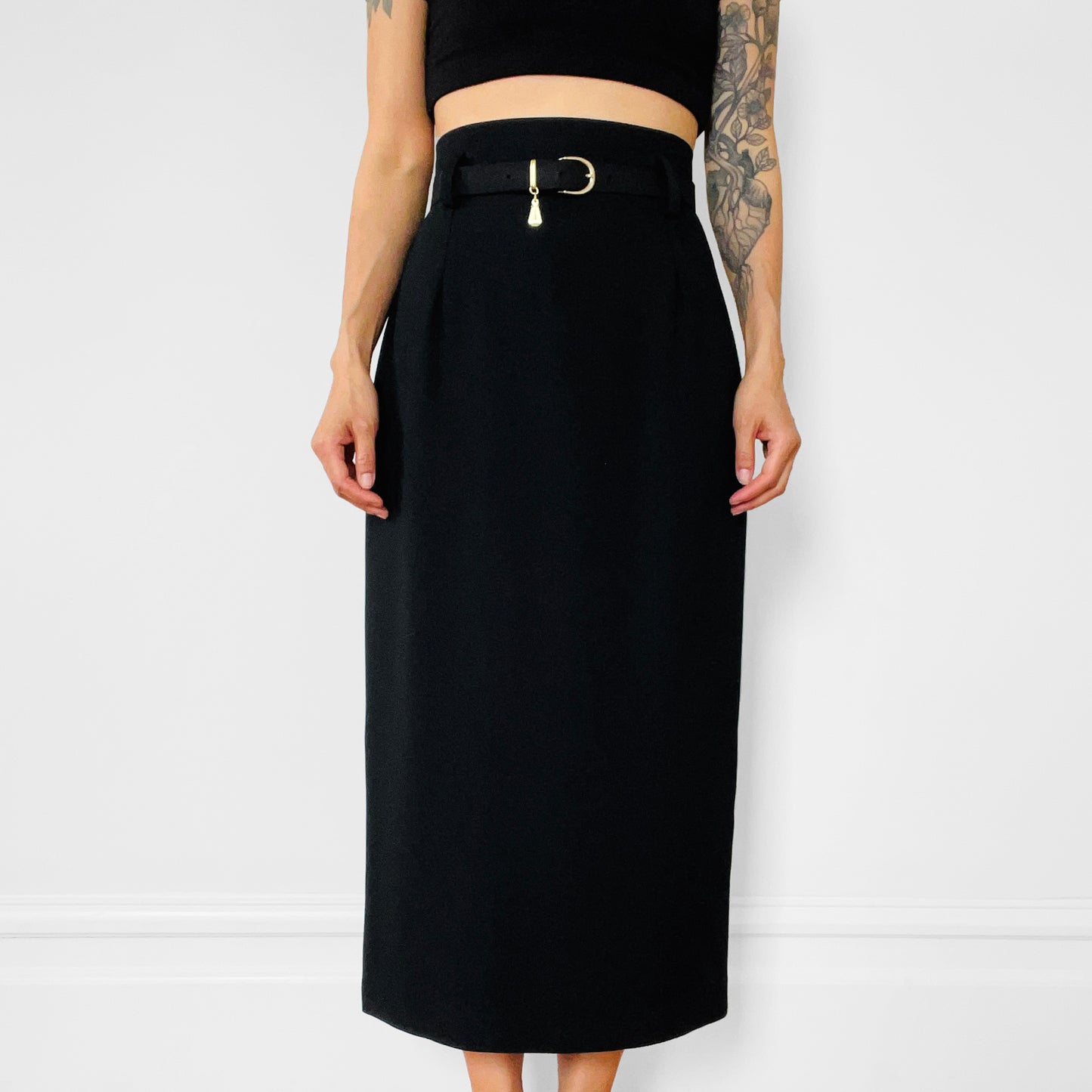 1980s -1990s Black Made in Canada Midi-Length High-Waisted Belted Slimline Skirt