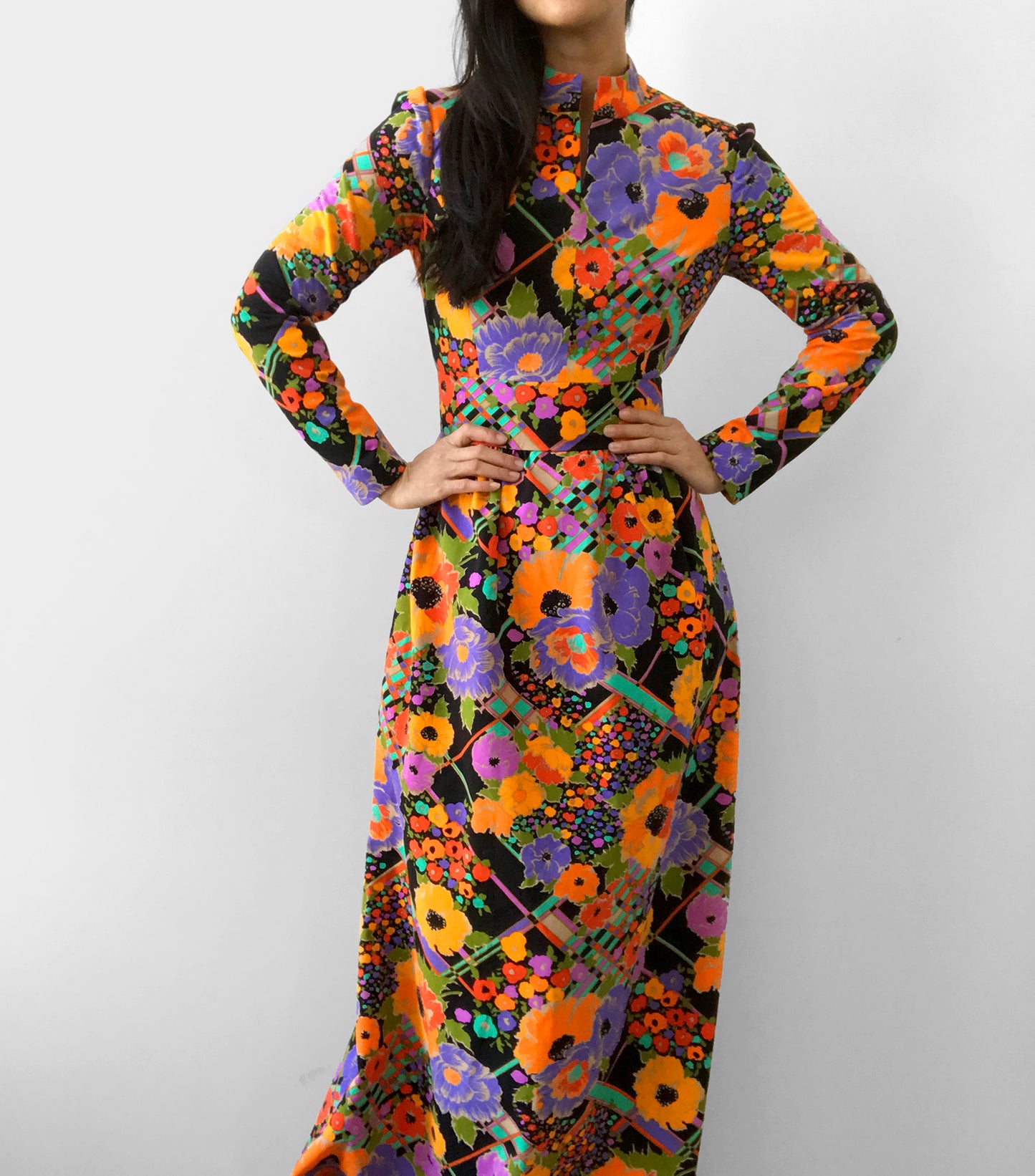 1960s - 1970s Floral Patterned Bohemian Floor-Length Long-Sleeve High-Collar Neck