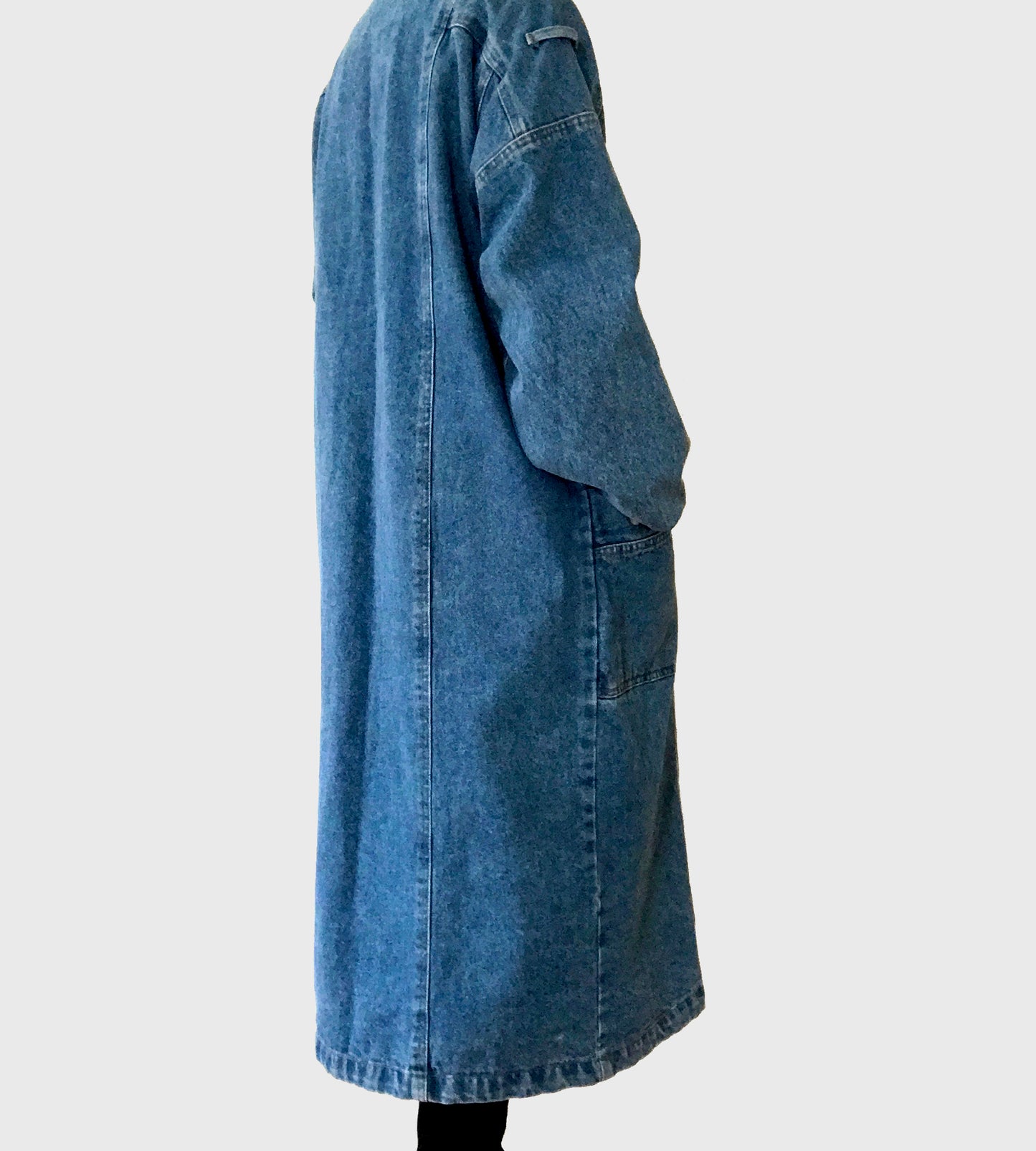 1980s Heavy Long Medium-Wash Blue Jean Denim Coat