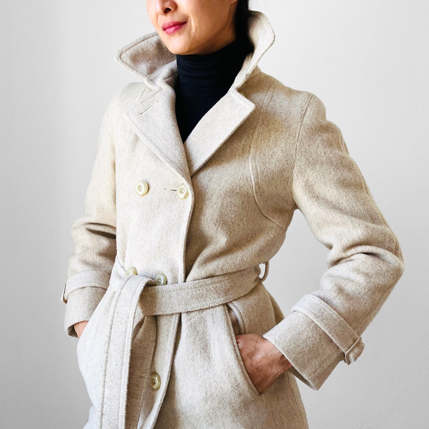 1970s Made in Canada Light Oatmeal Cream Fitted Belted Wool Coat - XS/S