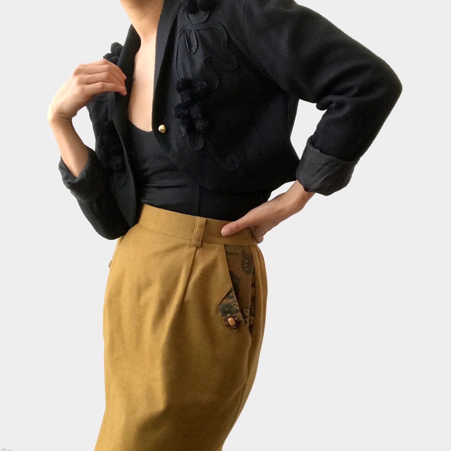 Black Wool Crop Embellished Jacket and Mustard Pencil Skirt Set