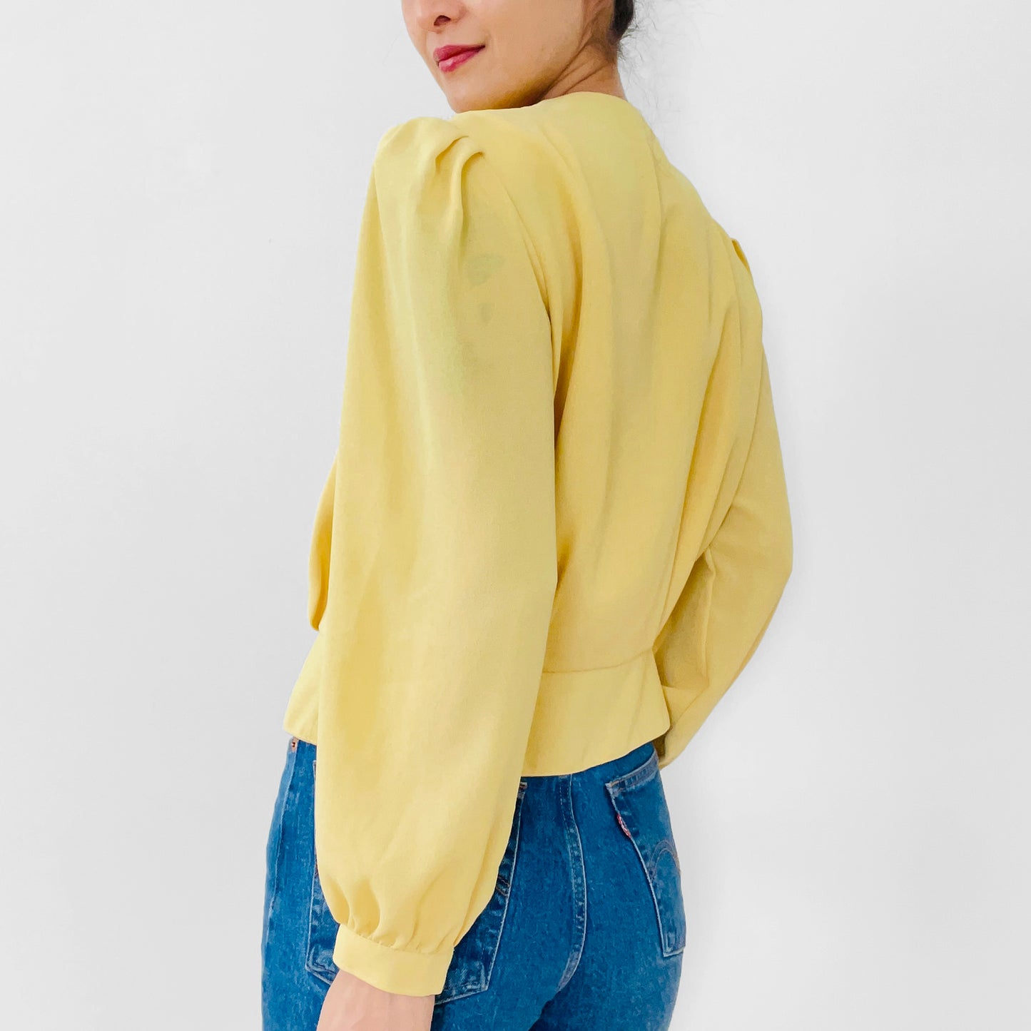 1980s Yellow and White Lace Trimmed Double-Breasted Blousy Peplum Top