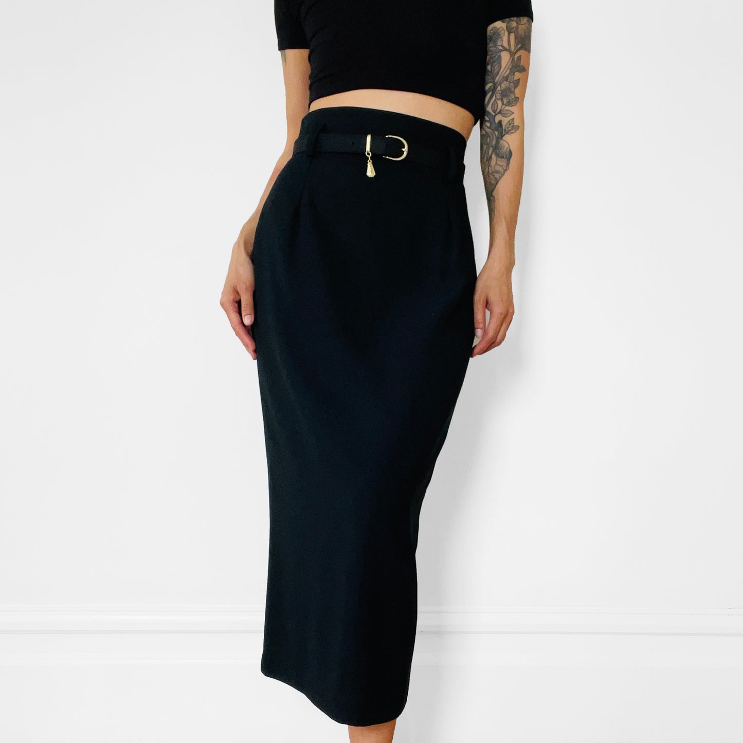 1980s -1990s Black Made in Canada Midi-Length High-Waisted Belted Slimline Skirt