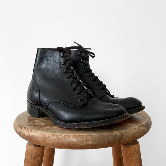 Black Leather Lace-Up Combat-Style Military-Style Ankle Boot