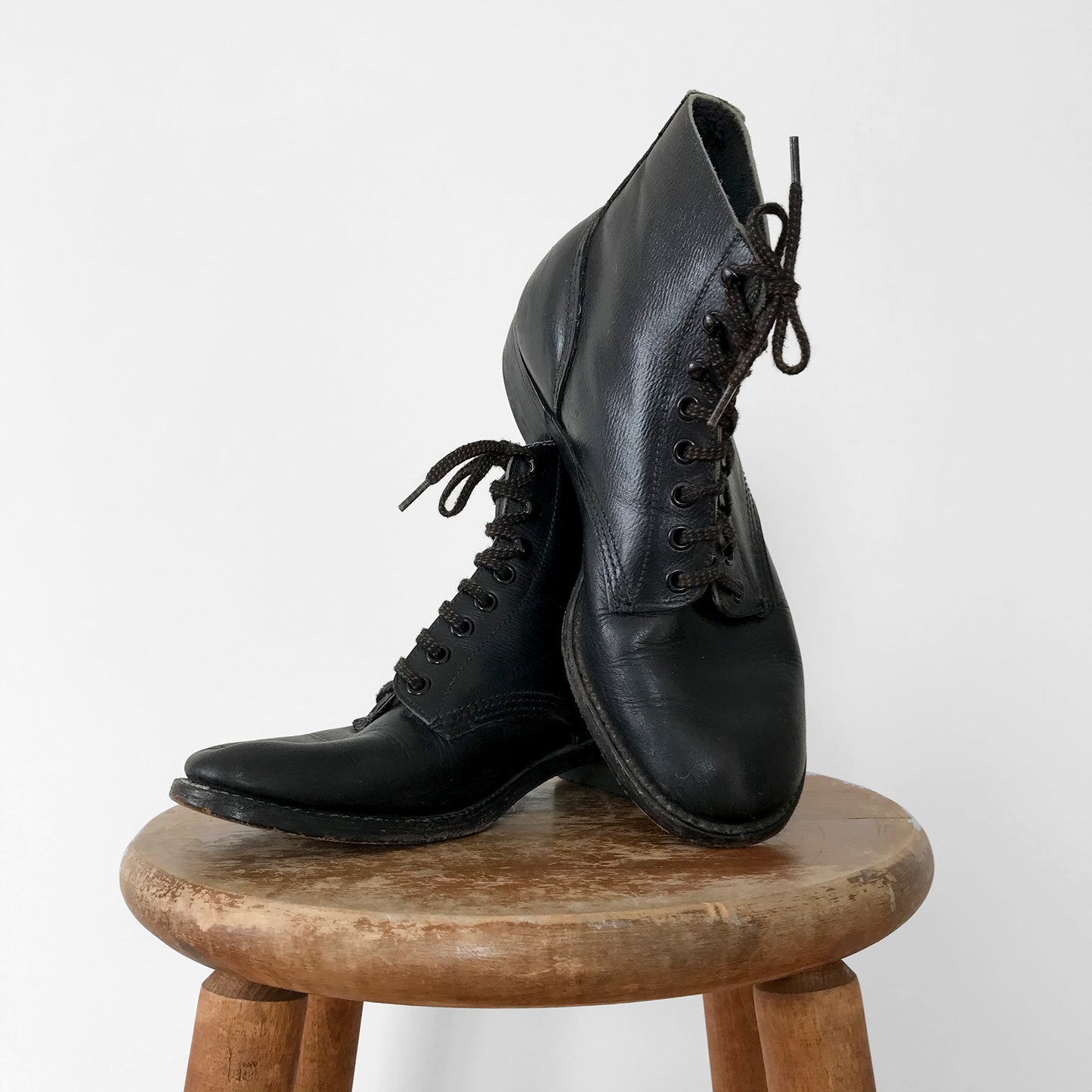 Black Leather Lace-Up Combat-Style Military-Style Ankle Boot