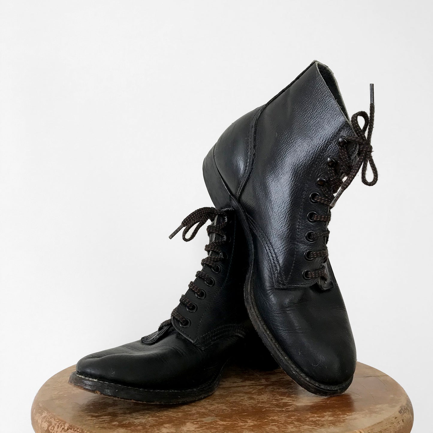 Black Leather Lace-Up Combat-Style Military-Style Ankle Boot